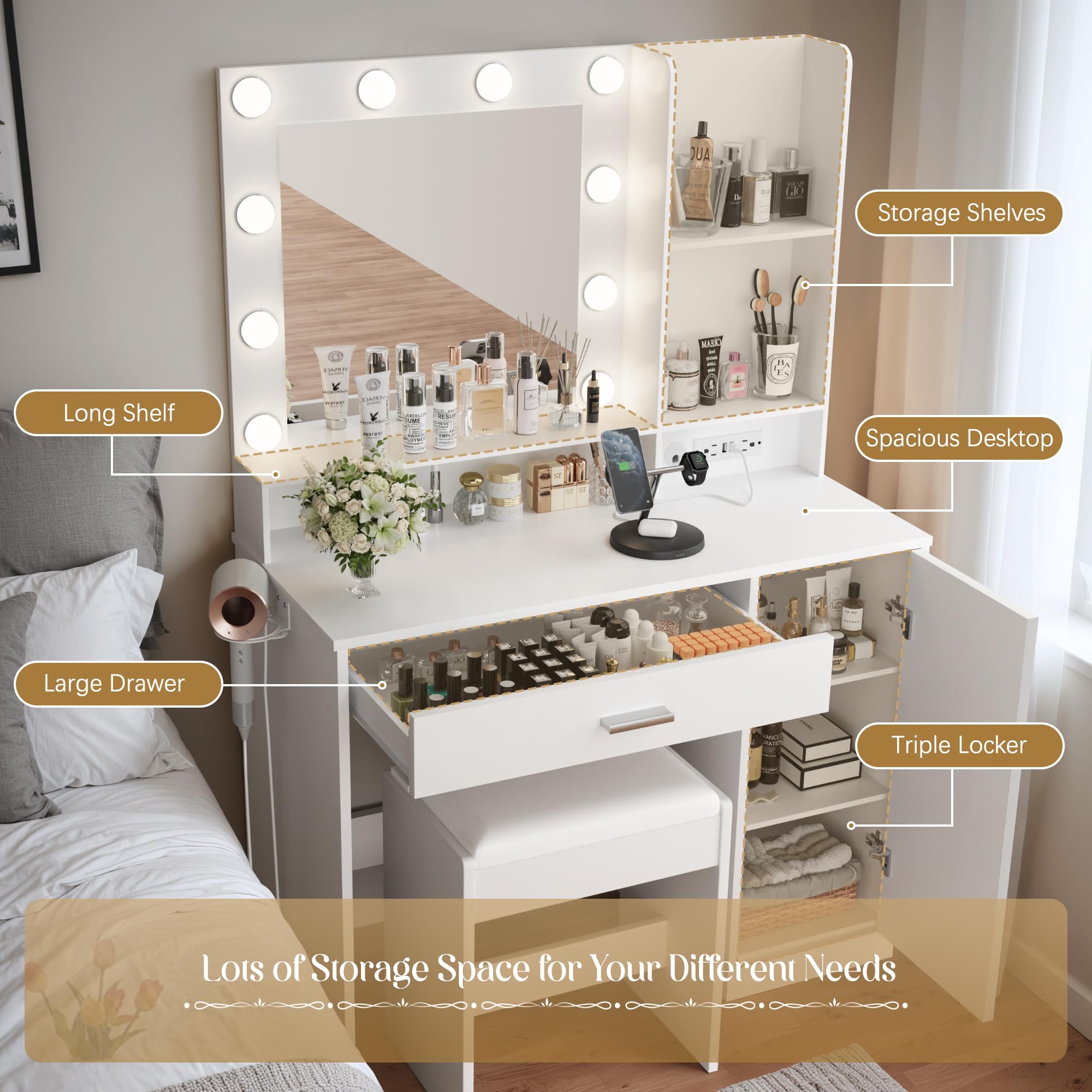 YESHOMY Vanity Desk with LED Lighted Mirror - Makeup Dressing Table with Hair Dryer Holder & Power Outlet, White Bedroom Dresser with Drawers & Storage Cabinets - 3 Adjustable Lighting Modes & Brightness Control | Perfect for Makeup Application, Hair Styling & Bedroom Organization
