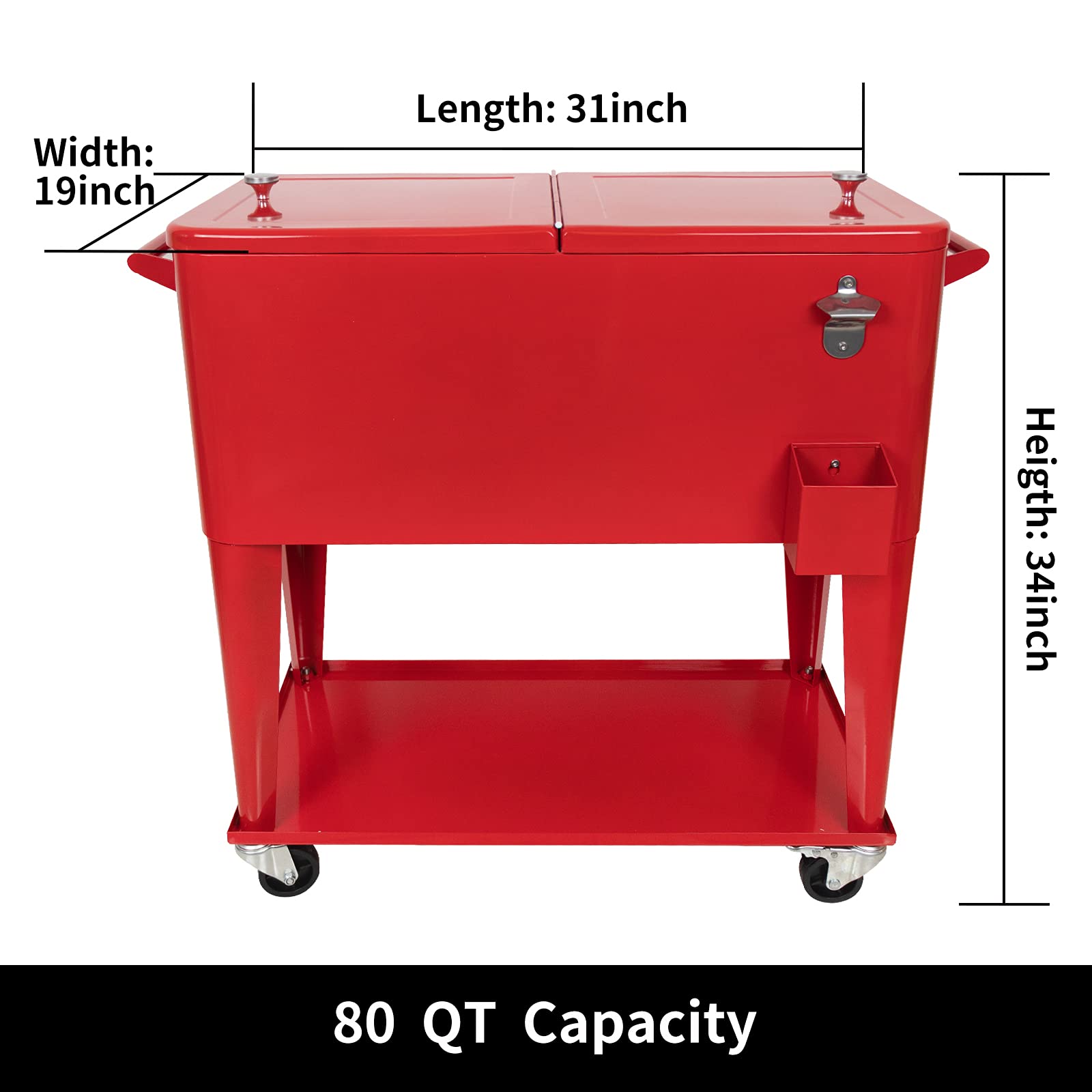 **SHAREWIN 80 QT Rolling Cooler Cart - Portable Ice Chest for Outdoor, Patio, Deck & Backyard Parties - Wheeled Beverage Cooler with Shelf & Bottle Opener - Perfect for BBQs, Camping & Tailgating**