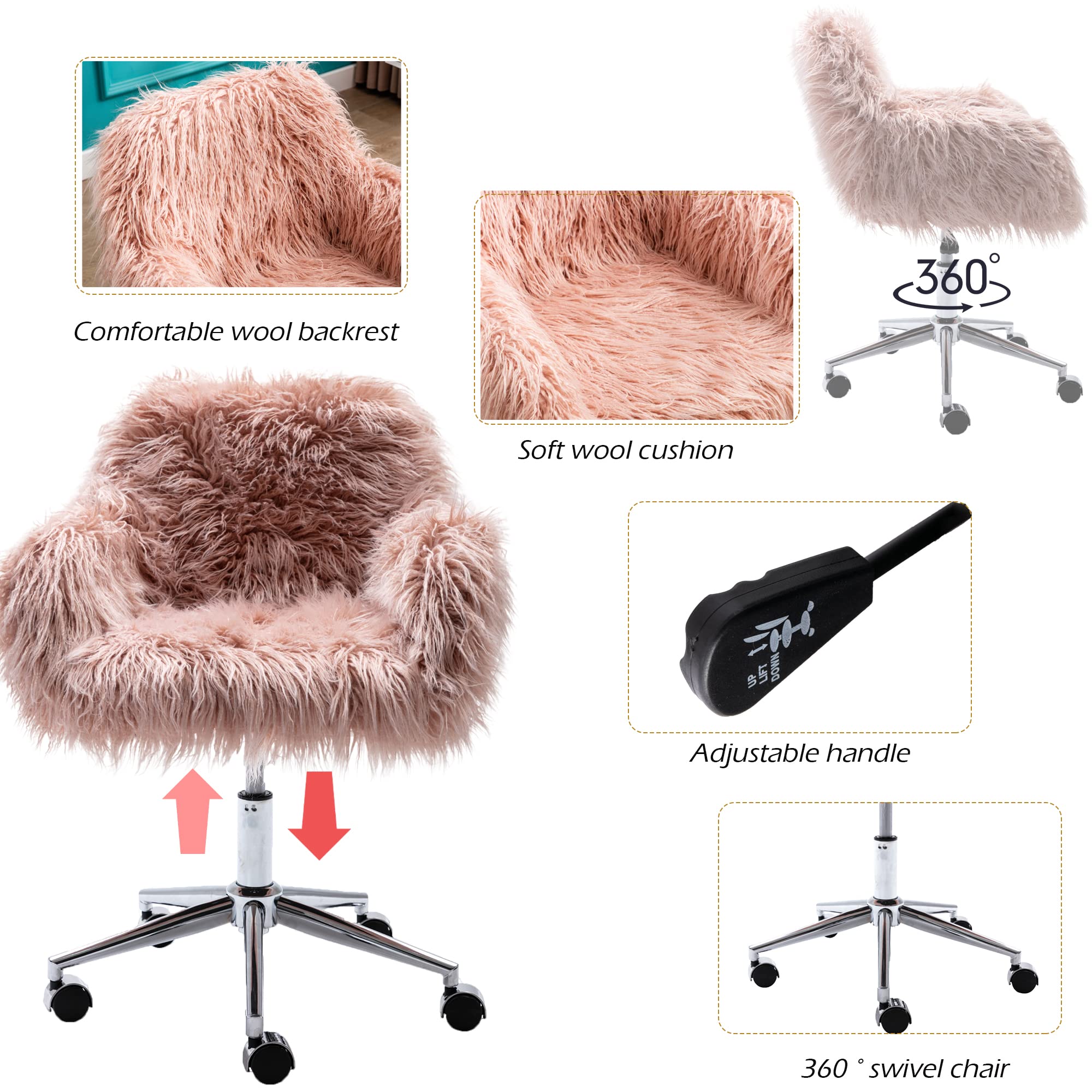 Fluffy Faux Fur Office Desk Chair with Wheels - Modern Swivel Armchair for Women & Girls, Soft Comfy Elegant Accent Makeup Vanity Chair for Home, Bedroom, Dressing Room - Perfect for Work, Study & Beauty Routine (Pink)