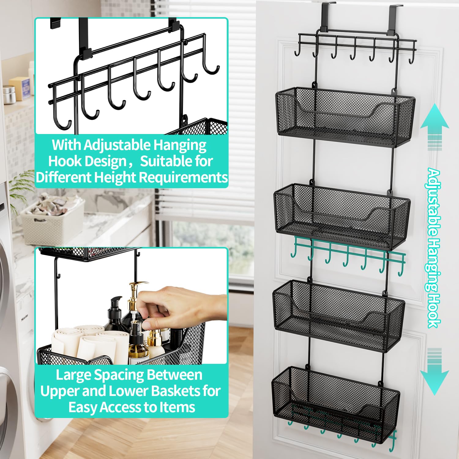 HapiRm Over The Door Organizer - 4-Tier Hanging Storage with Large Metal Baskets & Adjustable Coat Hook for Bathroom, Bedroom, Kitchen, Pantry, Closet | Space-Saving Solution for Towels, Toiletries, Spices & More