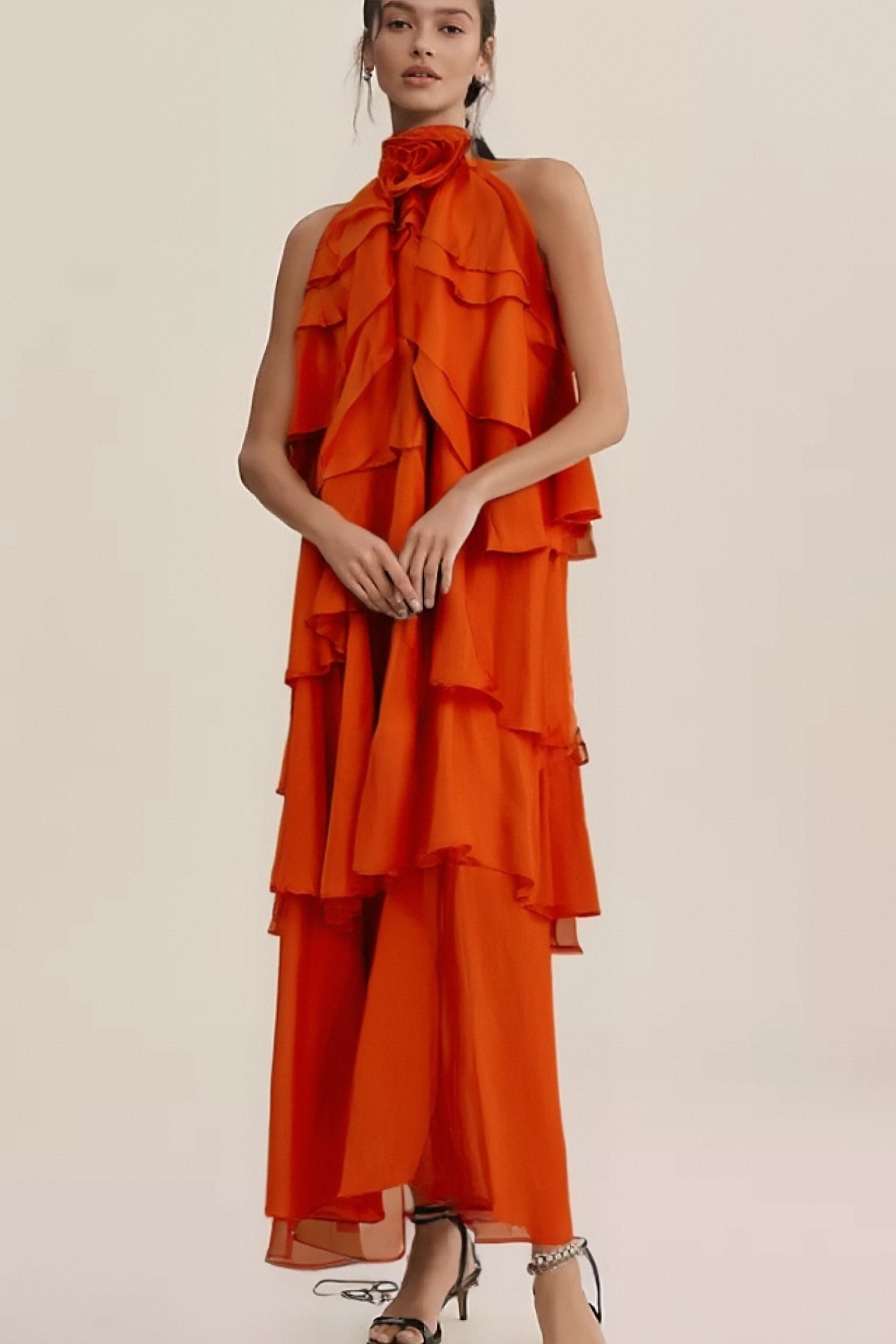 Carrie Orange Halterneck Flounced Maxi Dress - Women's Summer Beach Party Dress for Vacation & Evening Out