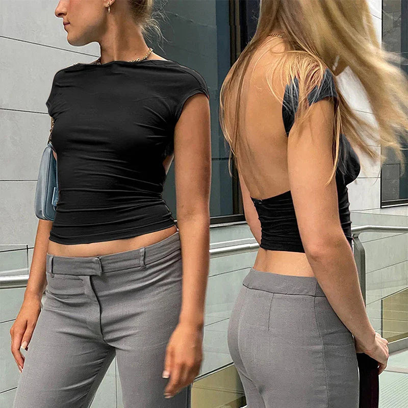 Sexy Black Backless Crop Top for Women - Short Sleeve Solid O-Neck Slim Fit T-Shirt | Summer Clubwear, Casual Streetwear, Night Out & Party Outfits