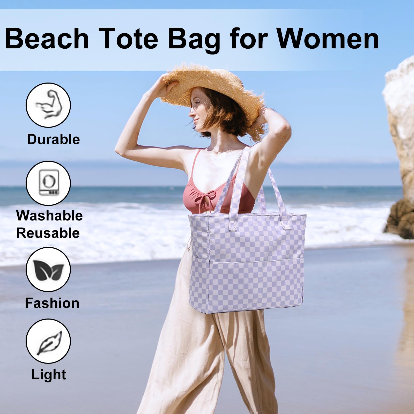 LEDAOU Large Waterproof Beach Tote Bag for Women - Sandproof Zippered Pool Bag with Wet Pocket - Perfect for Beach, Gym, Grocery Shopping & Travel Accessories