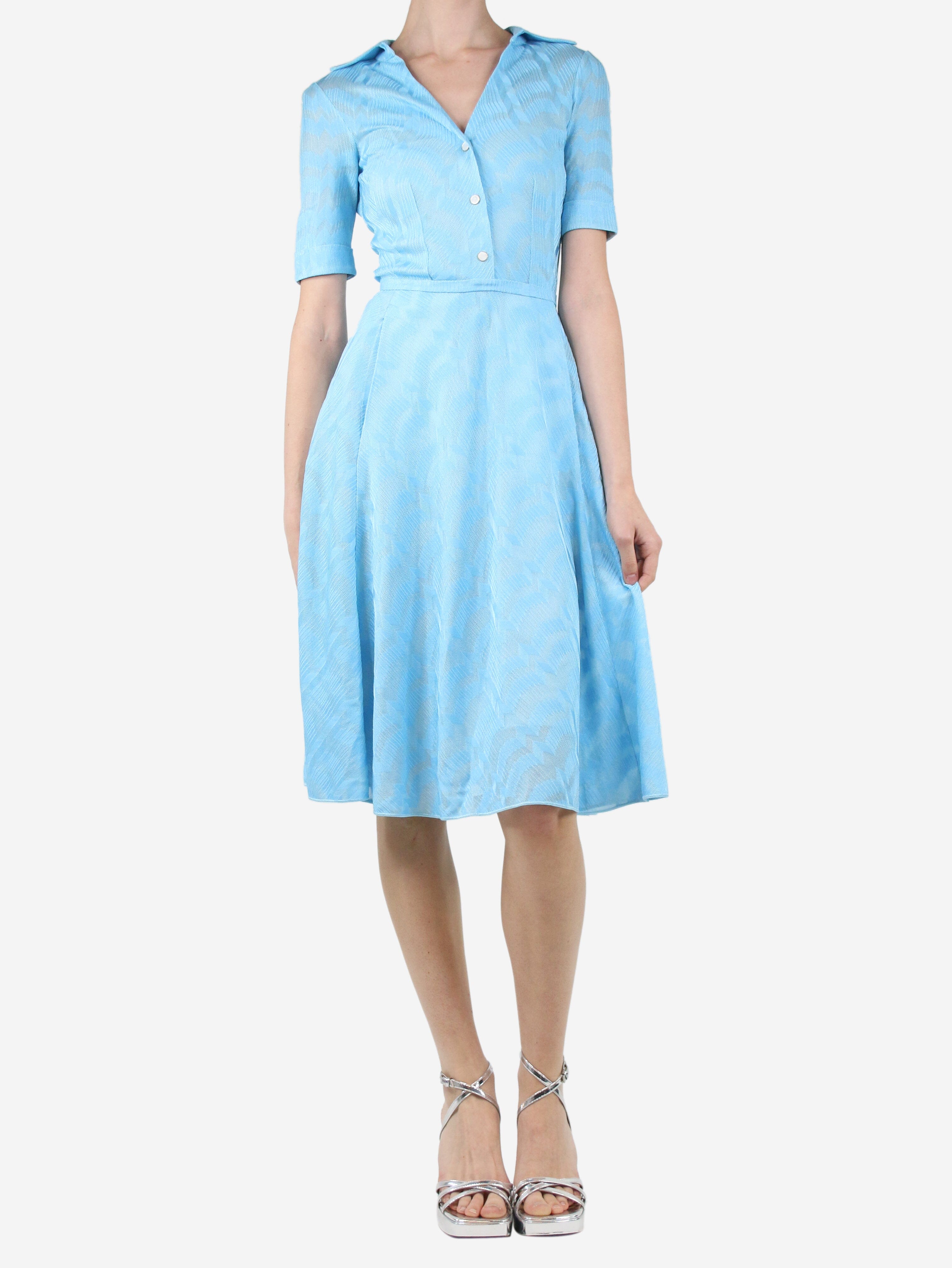 Light Blue Jacquard Midi Dress - Size UK 6 (US 4) | Elegant Floral Print Summer Party Dress for Weddings, Garden Parties & Date Nights