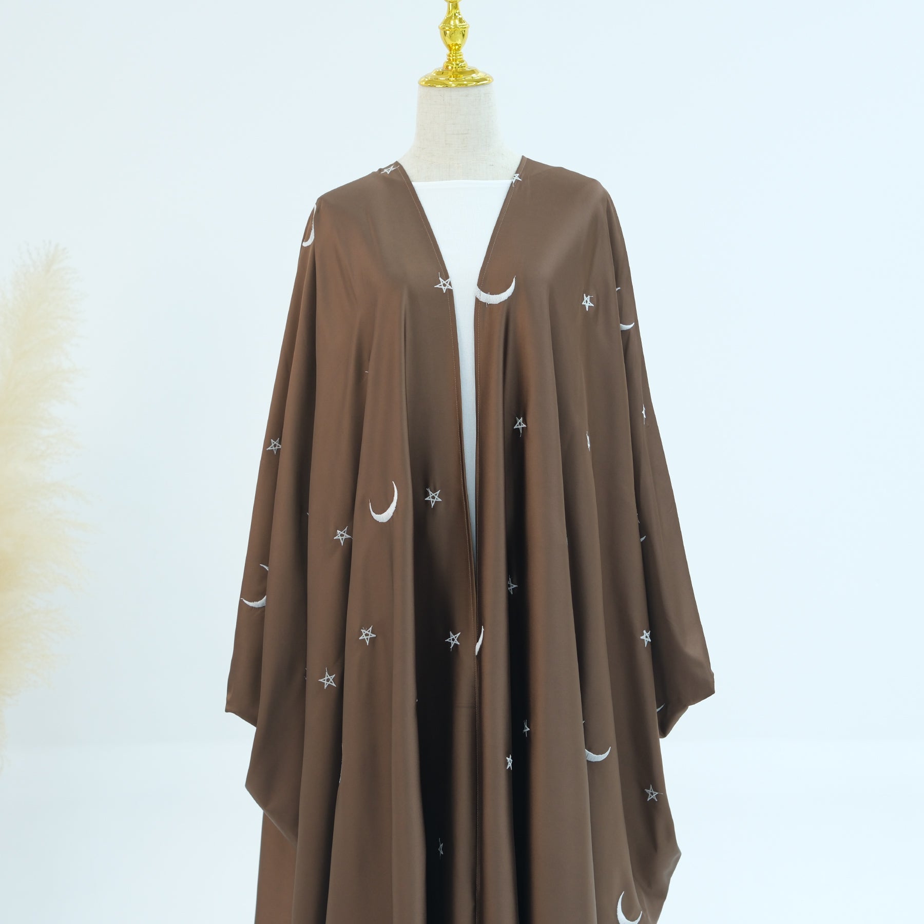 Elegant Hannah Moon Star Open Abaya in Brown - Modest Islamic Prayer Dress for Women - Perfect for Daily Wear, Mosque Visits & Special Occasions