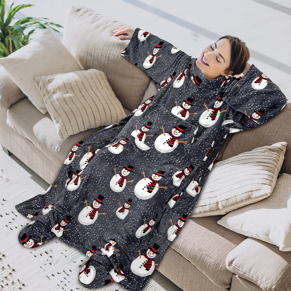 PAVILIA Wearable Fleece Blanket with Sleeves & Foot Pockets - Soft Plush Blanket Robe for Women & Men - Cozy Gift for Wife, Mom - Perfect for Winter Nights, Movie Time & Relaxation (Snowman Gray)