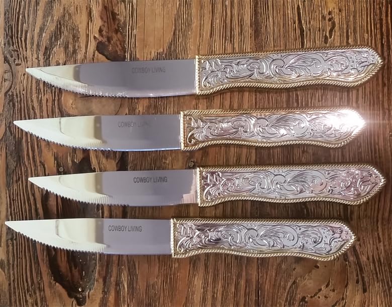 Premium Western Style Steak Knives Set of 4 - Stainless Steel with Decorative Buckle Design - Perfect for BBQ, Steak Dinners & Western Themed Parties