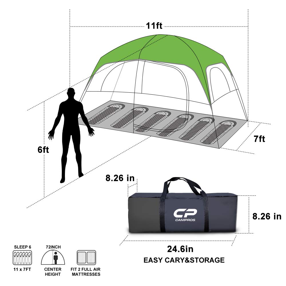 CAMPROS 6/8-Person Waterproof Windproof Family Camping Tent with Top Rainfly - 4 Large Mesh Windows, Double Layer Design for All Seasons - Easy Setup & Portable with Carry Bag - Perfect for Family Camping Trips, Hiking Adventures & Outdoor Festivals