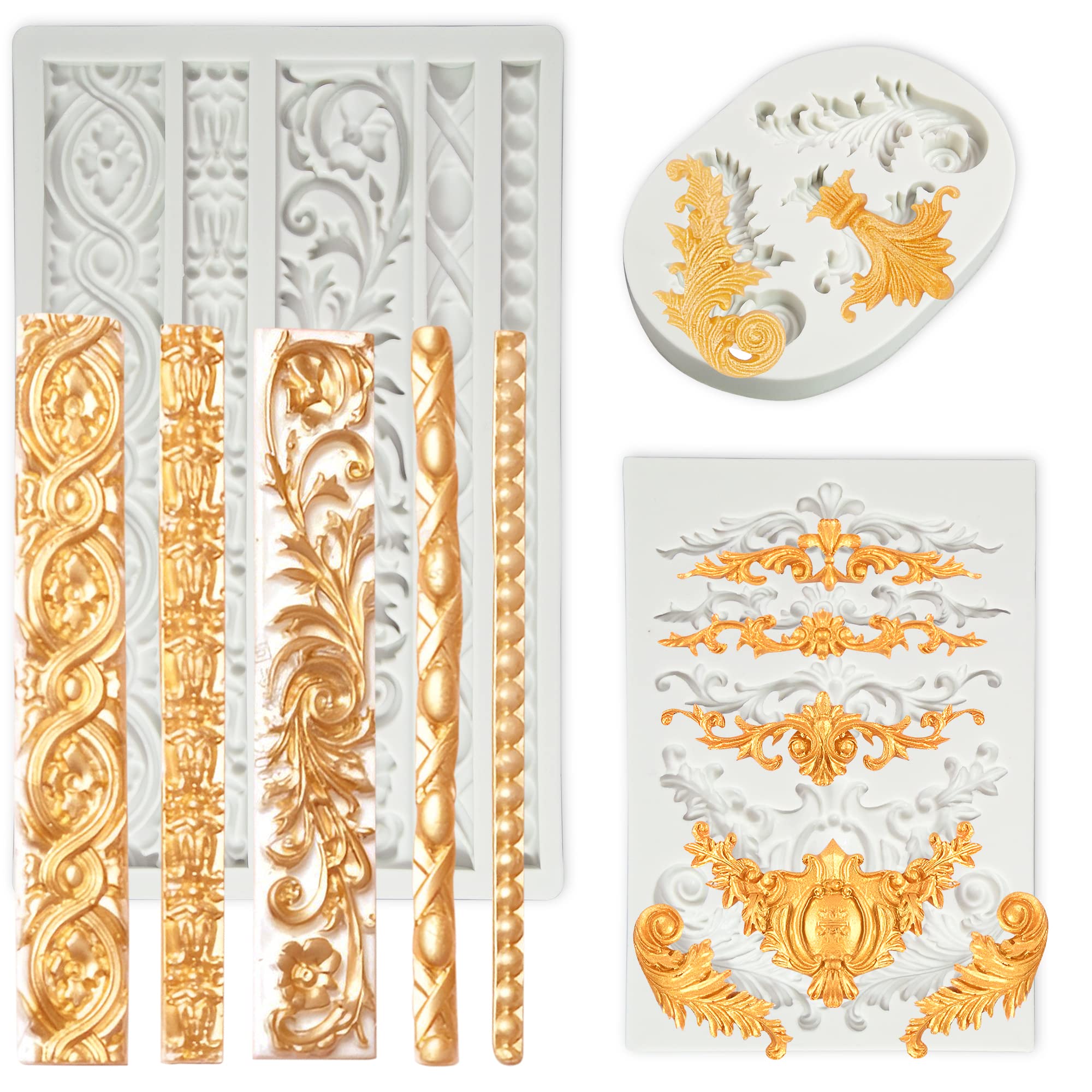3 Packs Baroque Silicone Molds for Cake Decorating - Scroll Silicone Mold, Clay Molds, Fondant Molds for Wedding, Birthday, and Party Cake Borders - Perfect for DIY Baking, Candy Making, and Home Decor