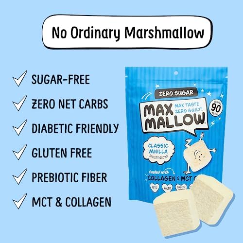 Max Mallow Sugar Free Marshmallows - Keto Friendly, Zero Sugar Snacks for S'mores, Hot Chocolate & Baking | Classic Vanilla Flavor | 6 Pack | Perfect for Camping, Desserts & Low-Carb Diets