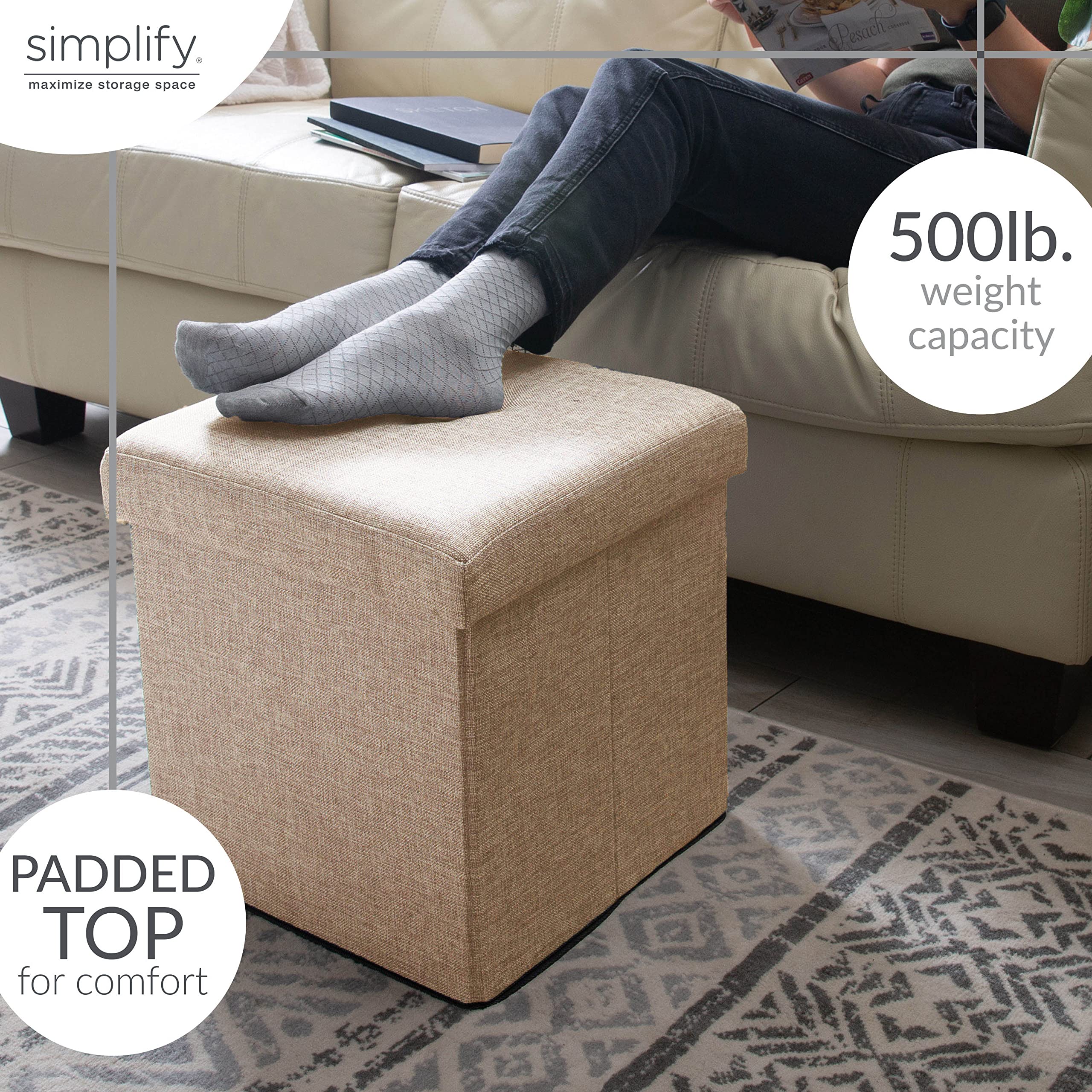 Collapsible Faux Linen Storage Ottoman Bench - Foldable Tufted Footrest with Padded Seat, Multi-Functional Toy Box & Home Organizer | Perfect for Living Room, Bedroom, Nursery & Small Space Storage Solutions