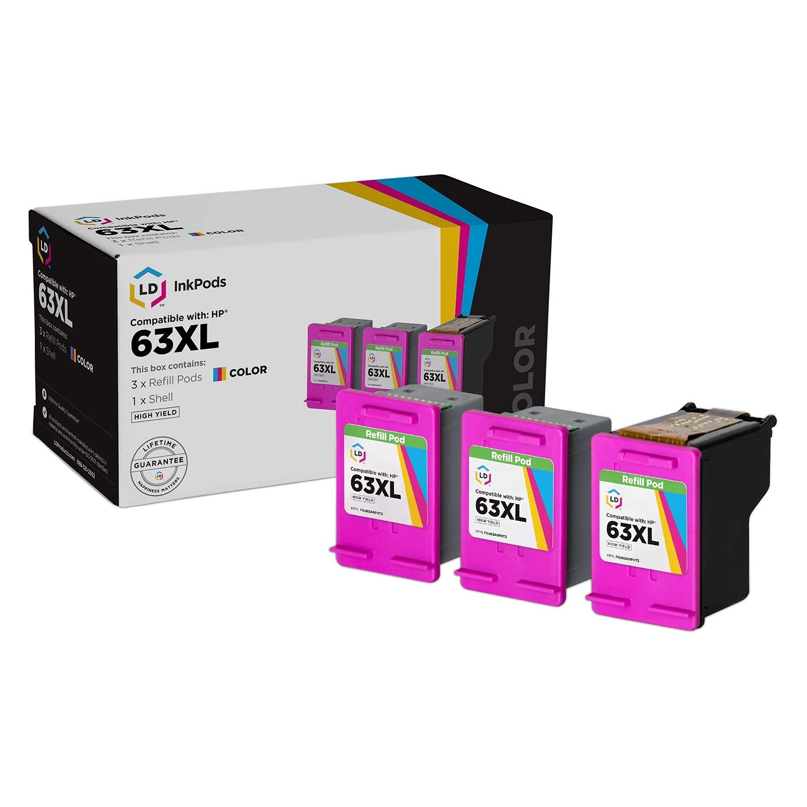 LD InkPods HP 63XL Ink Cartridge Replacement (3-Pack, Color) with OEM Printhead - Compatible with HP Deskjet 1110 Printer | High-Quality Printing for Home & Office Documents, Photos, and School Projects