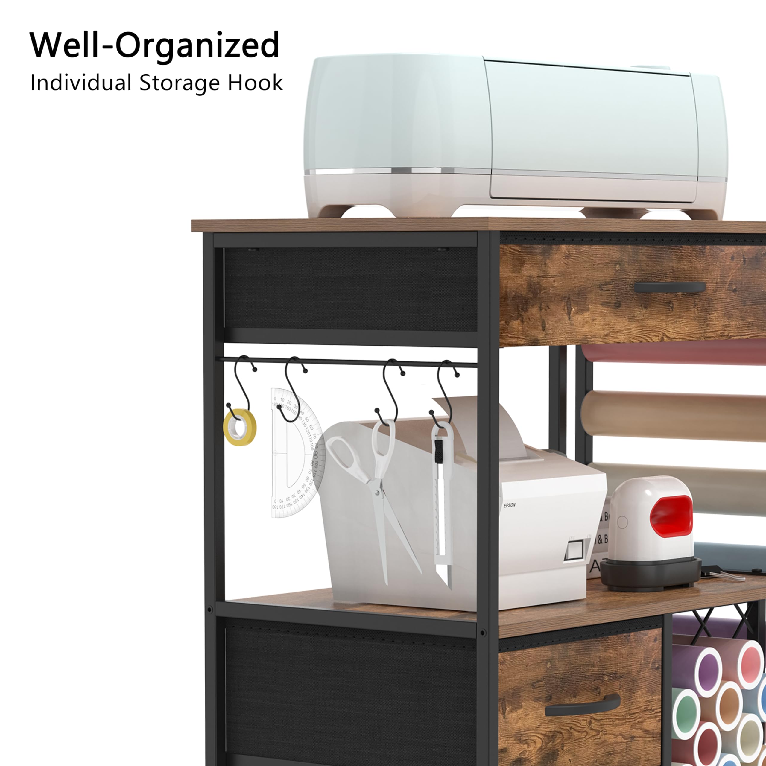 Storage Cart for Cricut Machines - Rolling Craft Cabinet with Drawers & Vinyl Roll Holder - Rustic Brown Cutting Machine Stand - Perfect for Craft Workstations, Scrapbooking & DIY Projects