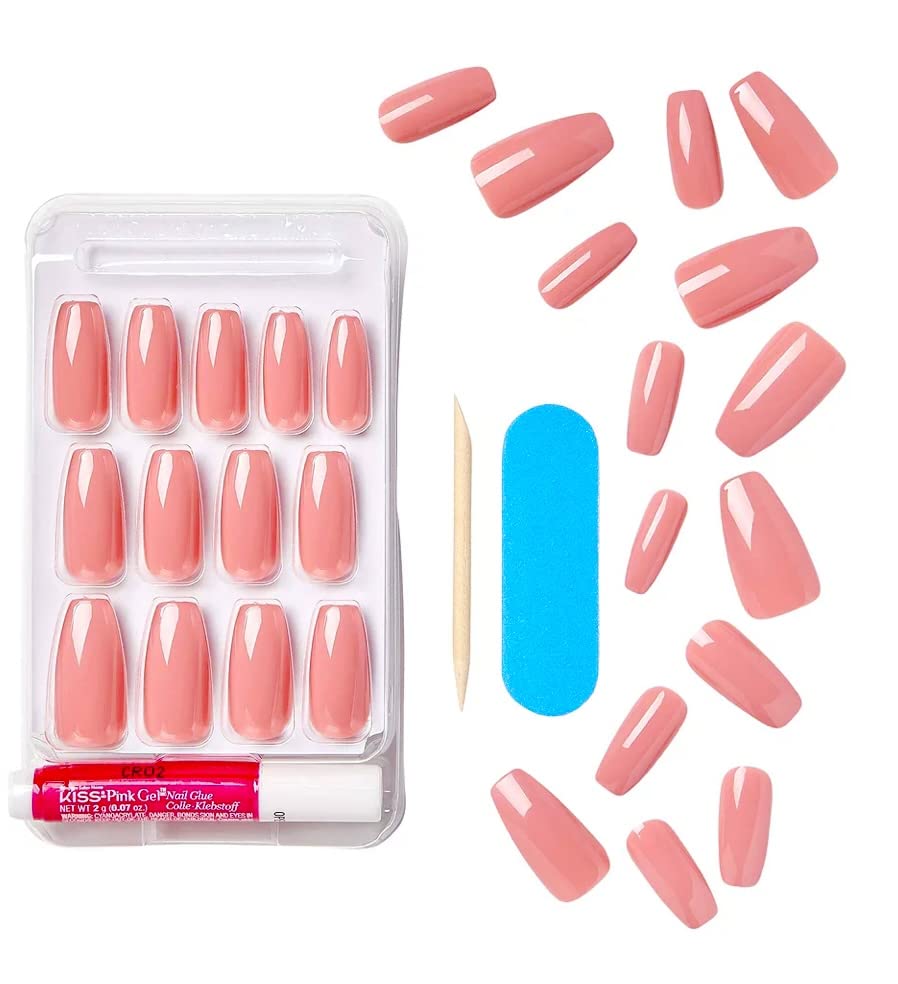 KISS Gel Fantasy Collection Fake Nails - Long Coffin Shape Press On Nails with Nail Glue & File | Pink Urbane Style | 28 Smudge-Proof Glue On Artificial Nails for Manicure | Perfect for Parties, Weddings & Special Occasions