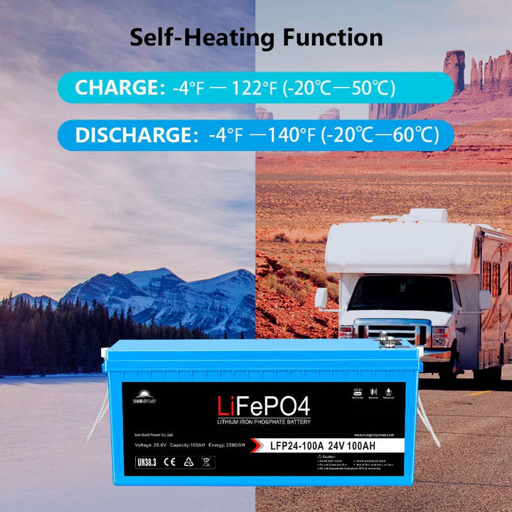 24V 100Ah LiFePO4 Deep Cycle Lithium Battery with Bluetooth, Self-Heating & IP65 - Perfect for RVs, Solar Systems, Marine & Off-Grid Power Storage