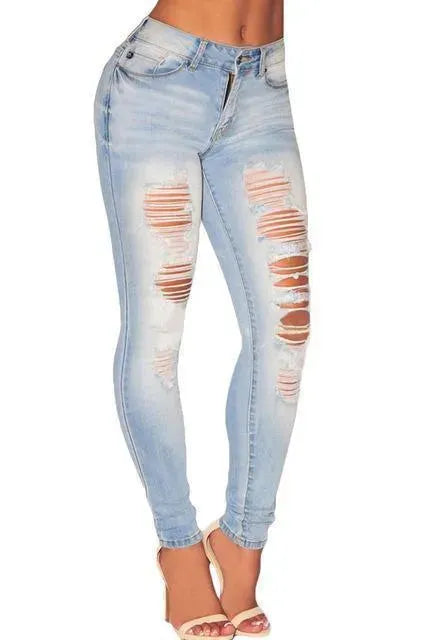 Women's Skinny Distressed Stretch Jeans - High Waist Ripped Denim Pants for Casual Wear & Everyday Outfits