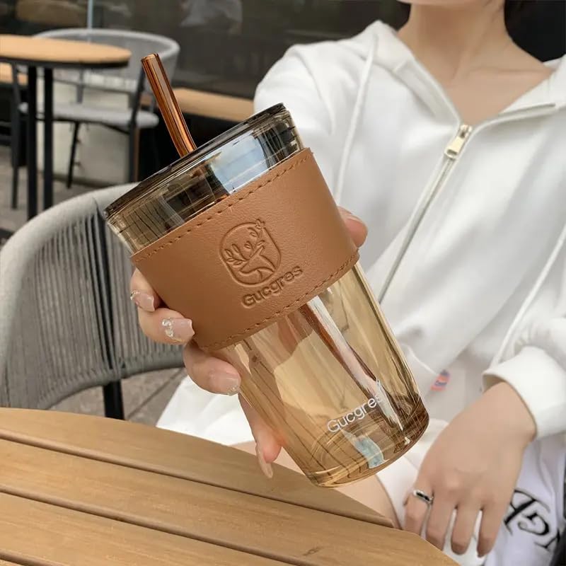 KELVEE 400ml Glass Tumbler with Straw & Lid - Aesthetic Coffee Mug with Leather Sleeve Grip - Brown Mason Jar for Iced Tea, Juice, Cocktail - Perfect for Home, Office, Travel & Outdoor Use - Hot & Cold Beverage Cup (Pack of 1)