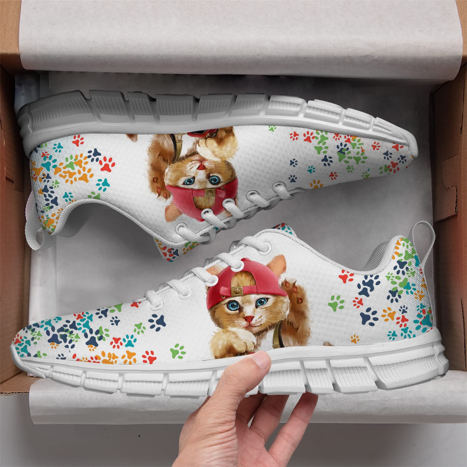 Unisex 3D Printed Cat Paw Tennis Shoes - Women's Size 8.5 & Men's Size 7 White Running Sneakers for Walking, Jogging & Casual Wear | Perfect Gift for Cat Lovers