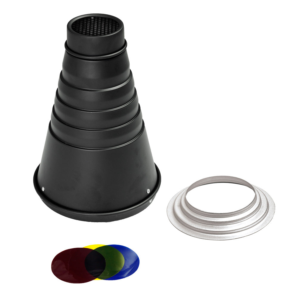 Interchangeable Conical Snoot with Honeycomb Grid & Color Gels - Perfect for Studio Photography, Portrait Lighting, and Creative Light Control