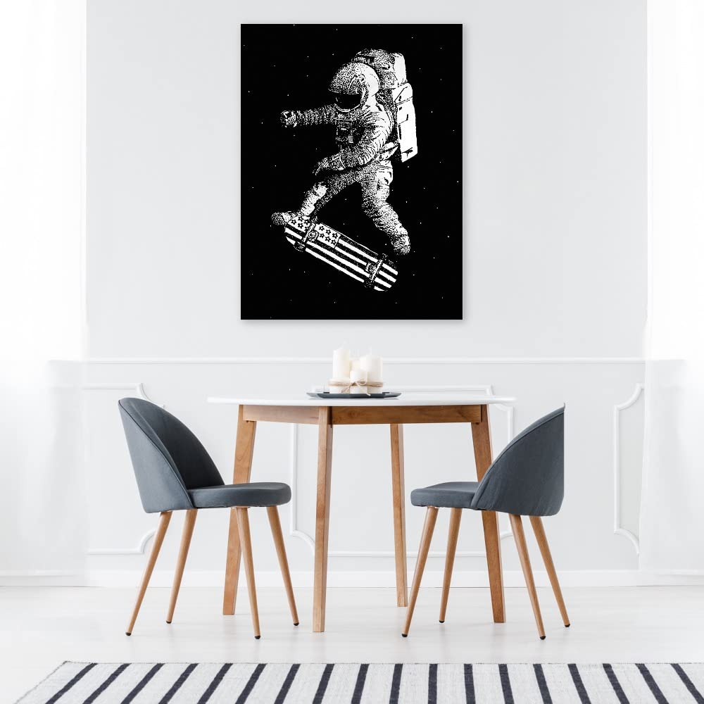 Kickflip in Space Canvas Wall Art - Modern Abstract Painting by Robert Farkas - Large 42x56 Inch Ready to Hang Artwork - Perfect for Living Room, Bedroom, Office Decor - Unique Space Skateboard Theme for Home & Commercial Spaces