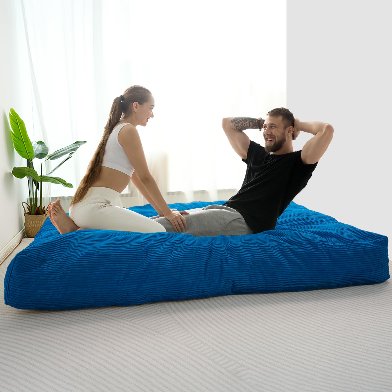 MAXYOYO Oversized Bean Bag Chair for Adults - Convertible to Floor Mattress Bed, Blue - Extra Large Comfortable Lounge Chair for Living Room, Bedroom, Dorm & Game Room