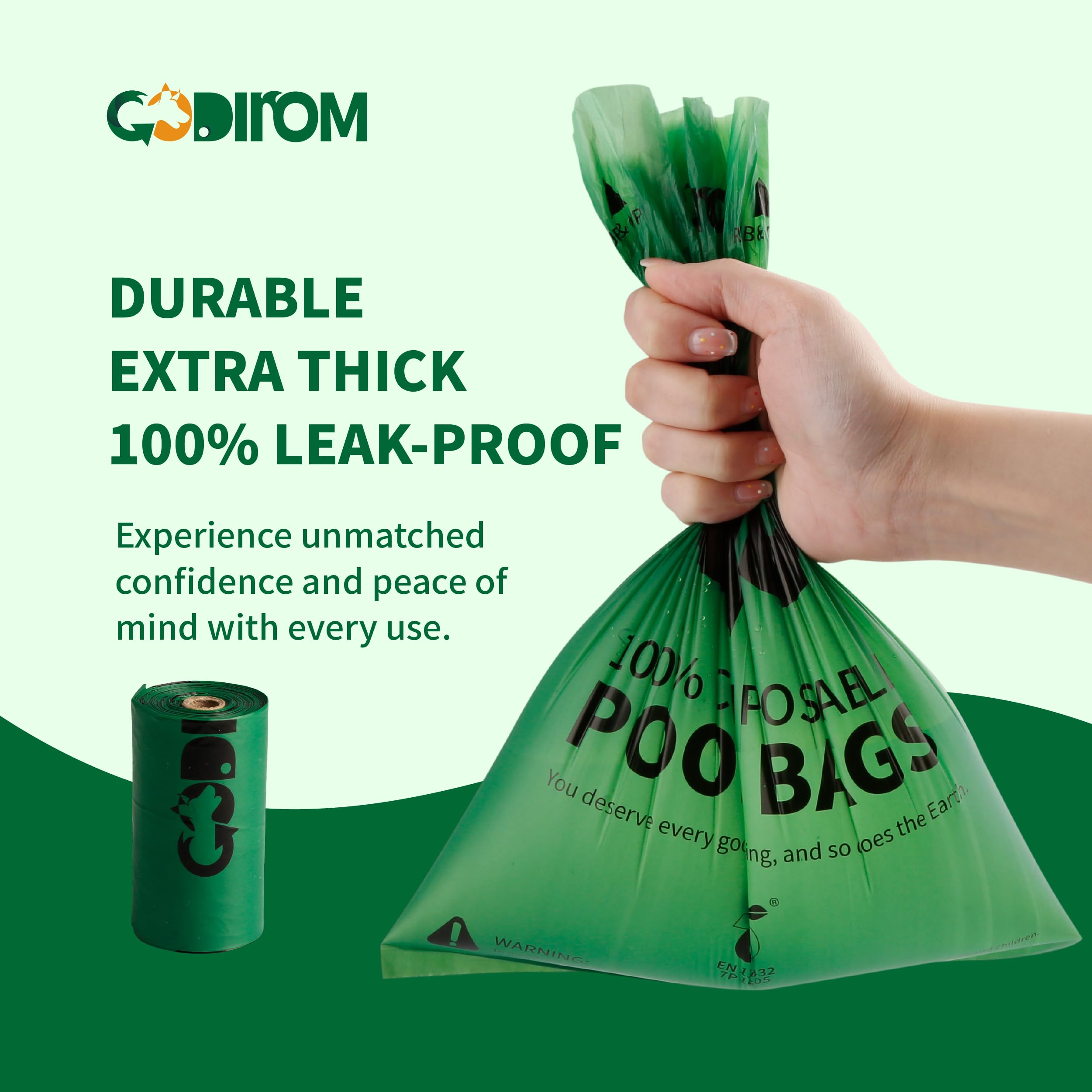Certified 100% Compostable Dog Poop Bags - 270 Count Leak Proof Extra Thick (18 Microns) Eco-Friendly Waste Bags - 18 Rolls Plant-Based ASTM D6400 & EN13432 Certified - Perfect for Park Walks, Backyard Cleanup & Travel