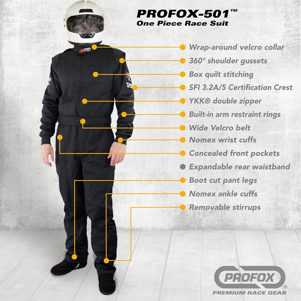 PROFOX-501 One-Piece Auto Racing Fire Suit SFI 3.2A/5 Certified - Flame Resistant Black Racing Suit Size 2XL for Drag Racing, Track Days & Motorsport Safety Gear