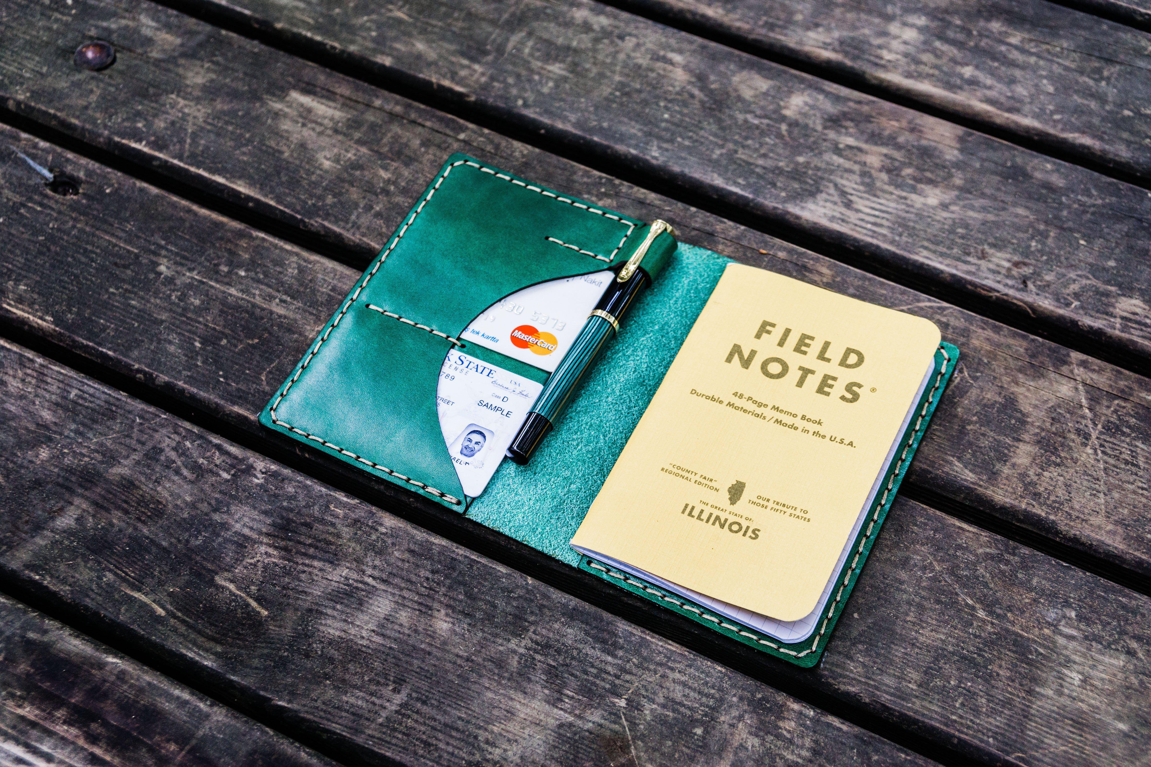 Personalized Leather Field Notes Cover - Custom Green Journal Cover for Travel, Work & Outdoor Adventures