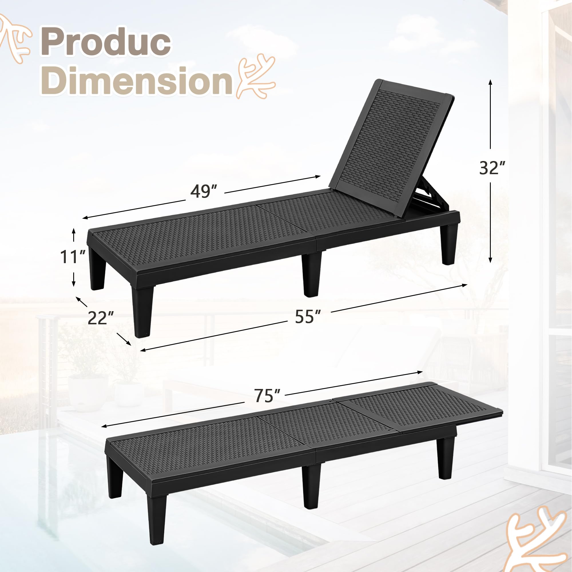 Homall Outdoor Lounge Chairs Set of 2 - Quick Assembly Waterproof Patio Chaise Lounge with Adjustable Backrest for Pool, Beach, Garden - Perfect for Relaxing by the Pool, Sunbathing at Beach or Lounging in Backyard (Black)