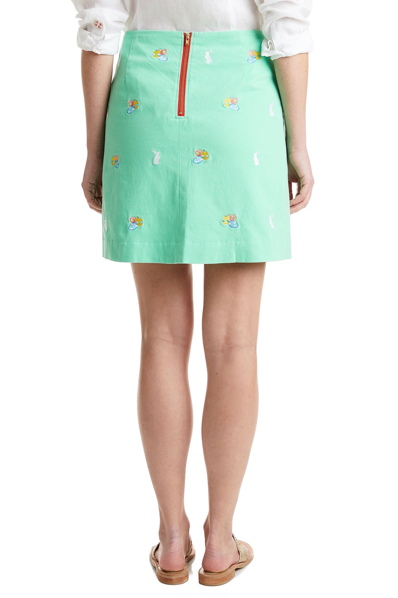 Stretchy Ali Skirt in Spring Green Twill with Easter Bunny & Egg Print - Perfect for Easter Celebrations, Spring Outfits & Casual Wear