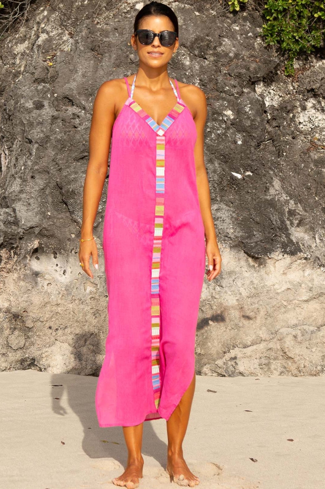 Ipanema Embroidered Floral Summer Dress for Women - Pink & Multicolor Boho Chic Outfit for Beach, Vacation & Date Night