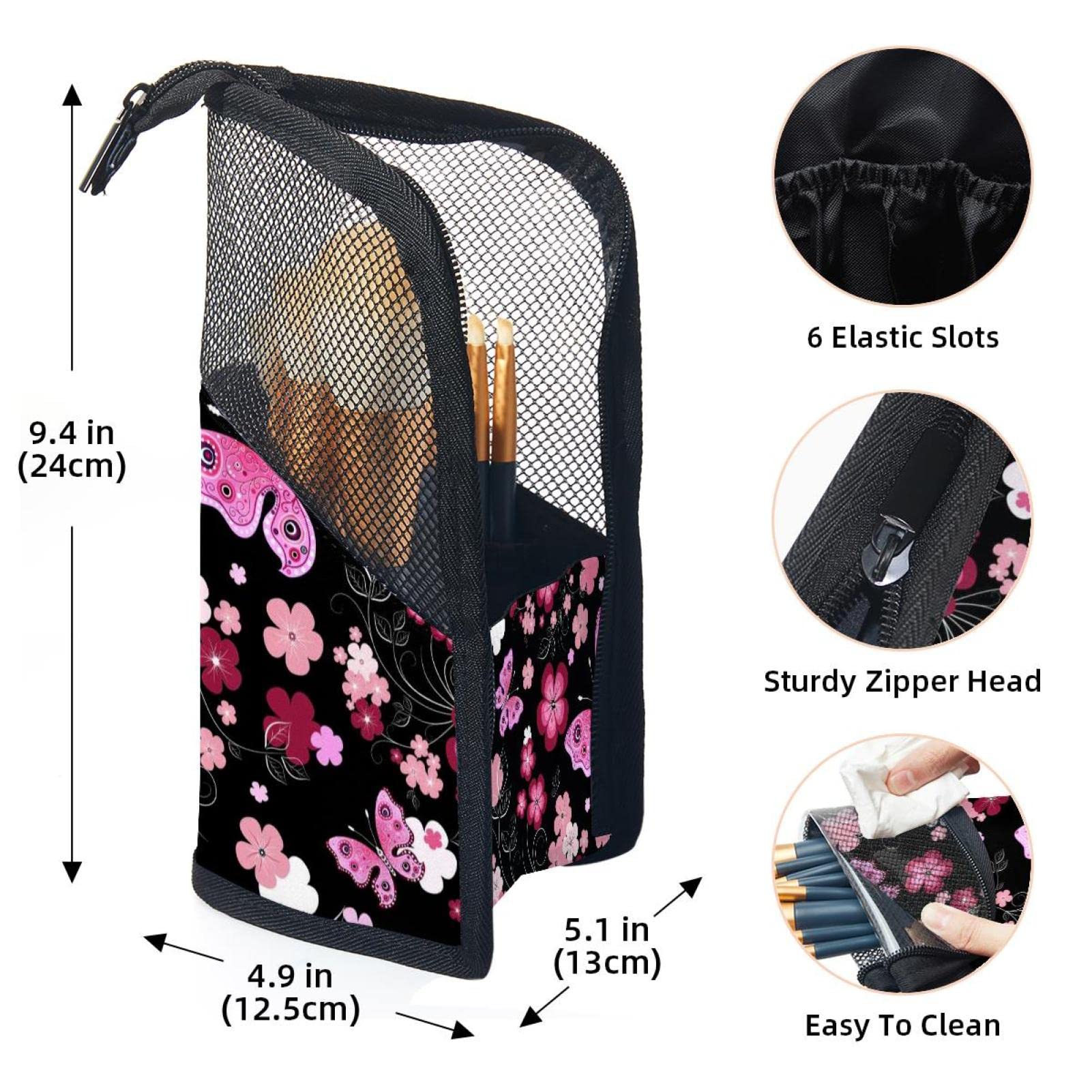 Floral Pink Flowers & Butterflies Makeup Brush Organizer Bag with 12 Brushes - Portable Travel Cosmetic Brush Holder Case for Professional Makeup Artists & Beauty Lovers (Perfect for Home, Travel & Salon Use)