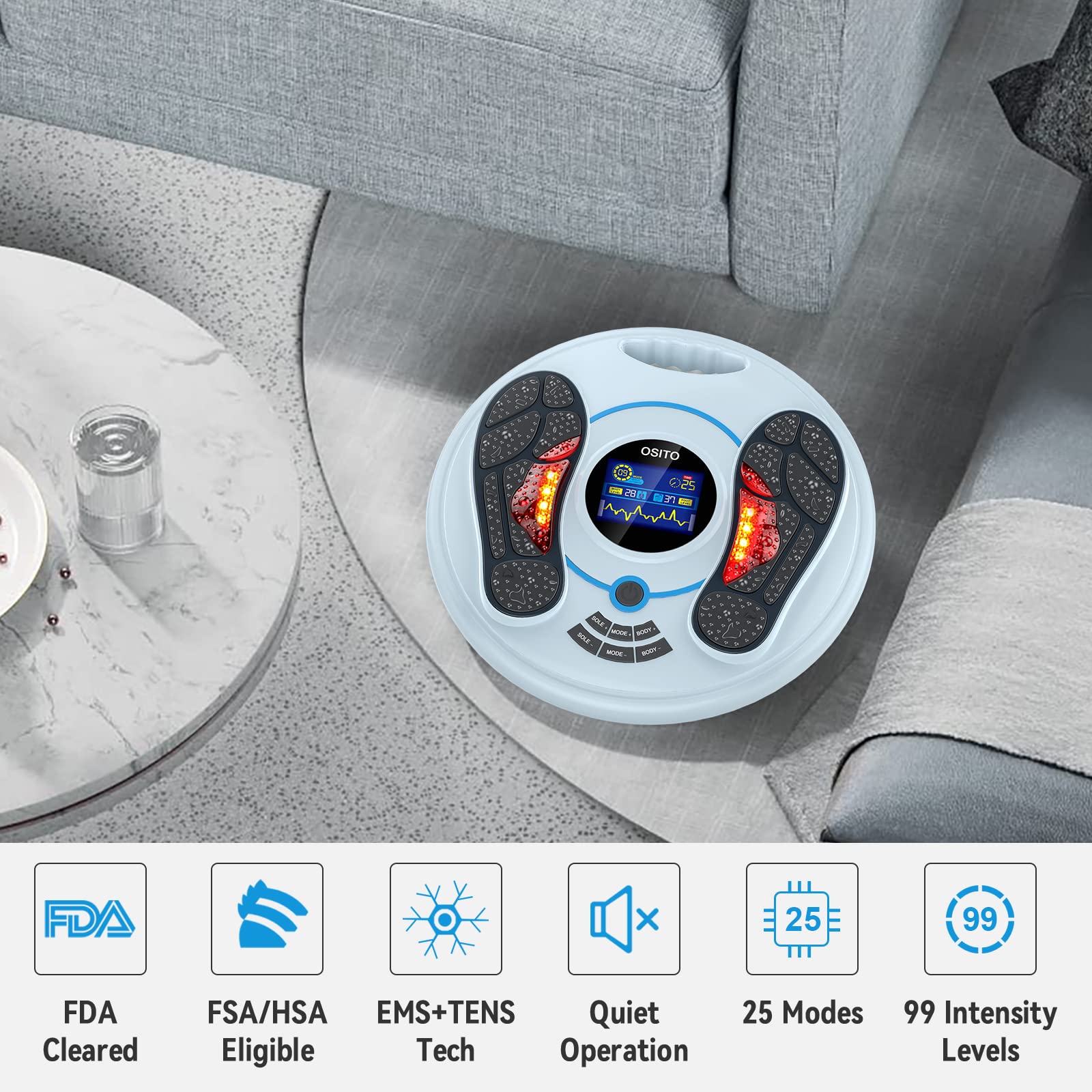 OSITO Foot Circulation Stimulator with EMS & TENS Technology - Electric Foot Massager for Improved Blood Flow, Pain Relief in Feet, Legs & Nerves - FSA/HSA Eligible - Perfect for Home Relaxation & Neuropathy Therapy