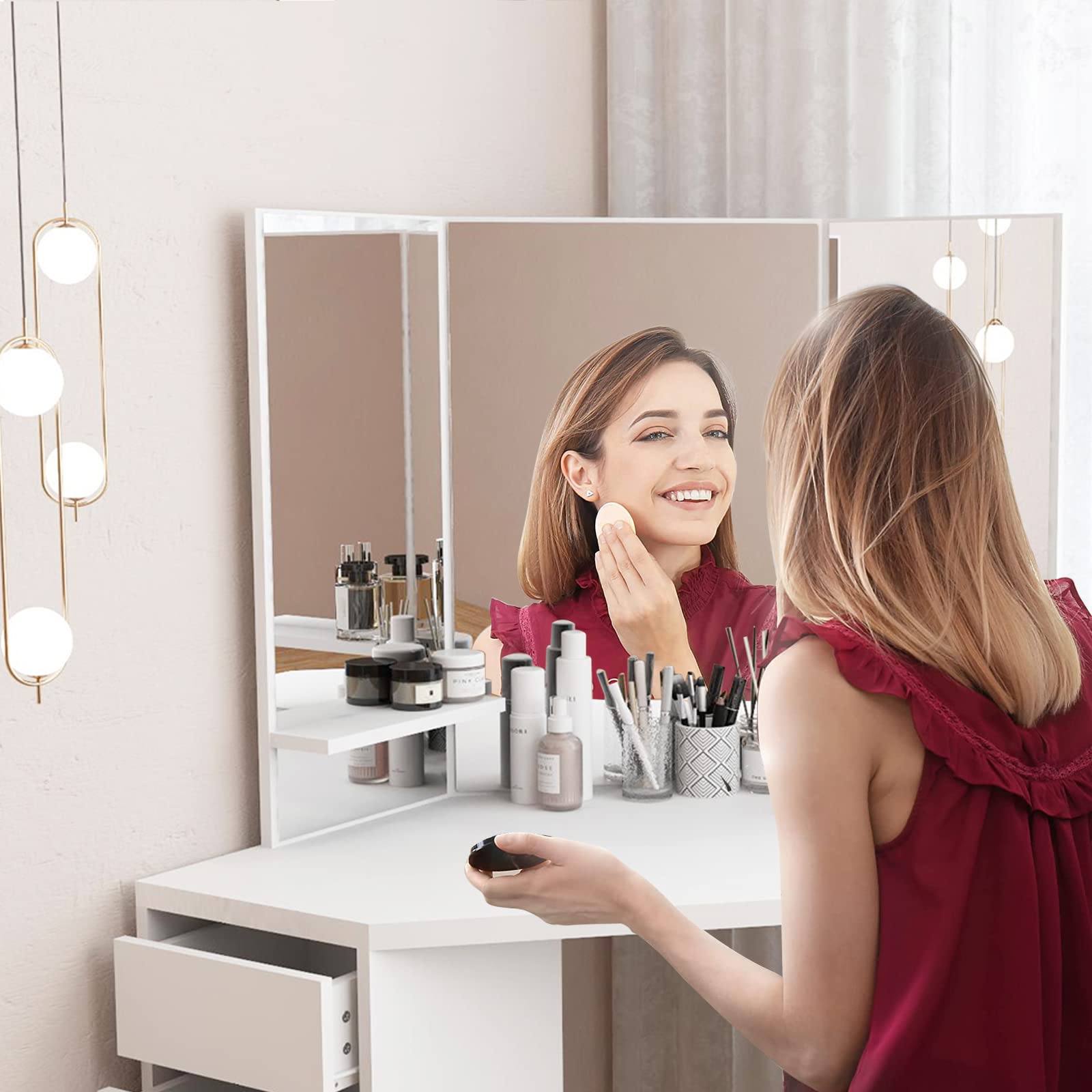 Corner Makeup Vanity Table with Mirror, Makeup Desk with Counter Space & 5 Drawers - Dressing Room & Bedroom Furniture for Women, Girls | Perfect for Home Beauty Salon, Bedroom Organization & Makeup Storage