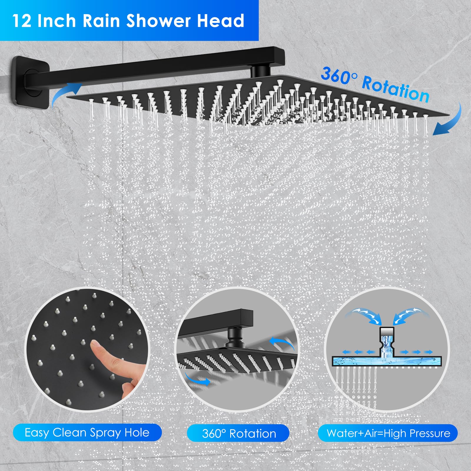 Premium Matte Black Shower Faucet Set - 12 Inch Rainfall Shower System with Square Shower Head, High Pressure Handheld Spray & Wall Mounted Valve Trim Kit for Luxury Bathroom Upgrade (Ideal for Master Bath, Spa-Like Experience)