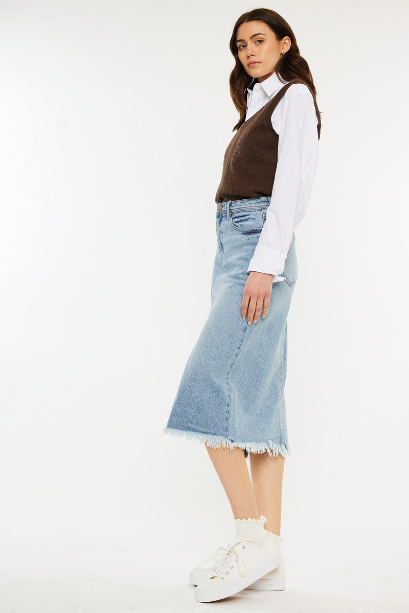 Indigo High Rise Midi Skirt for Women - Stretchy A-Line Denim Skirt with Pockets | Perfect for Casual Outfits, Office Wear & Date Nights