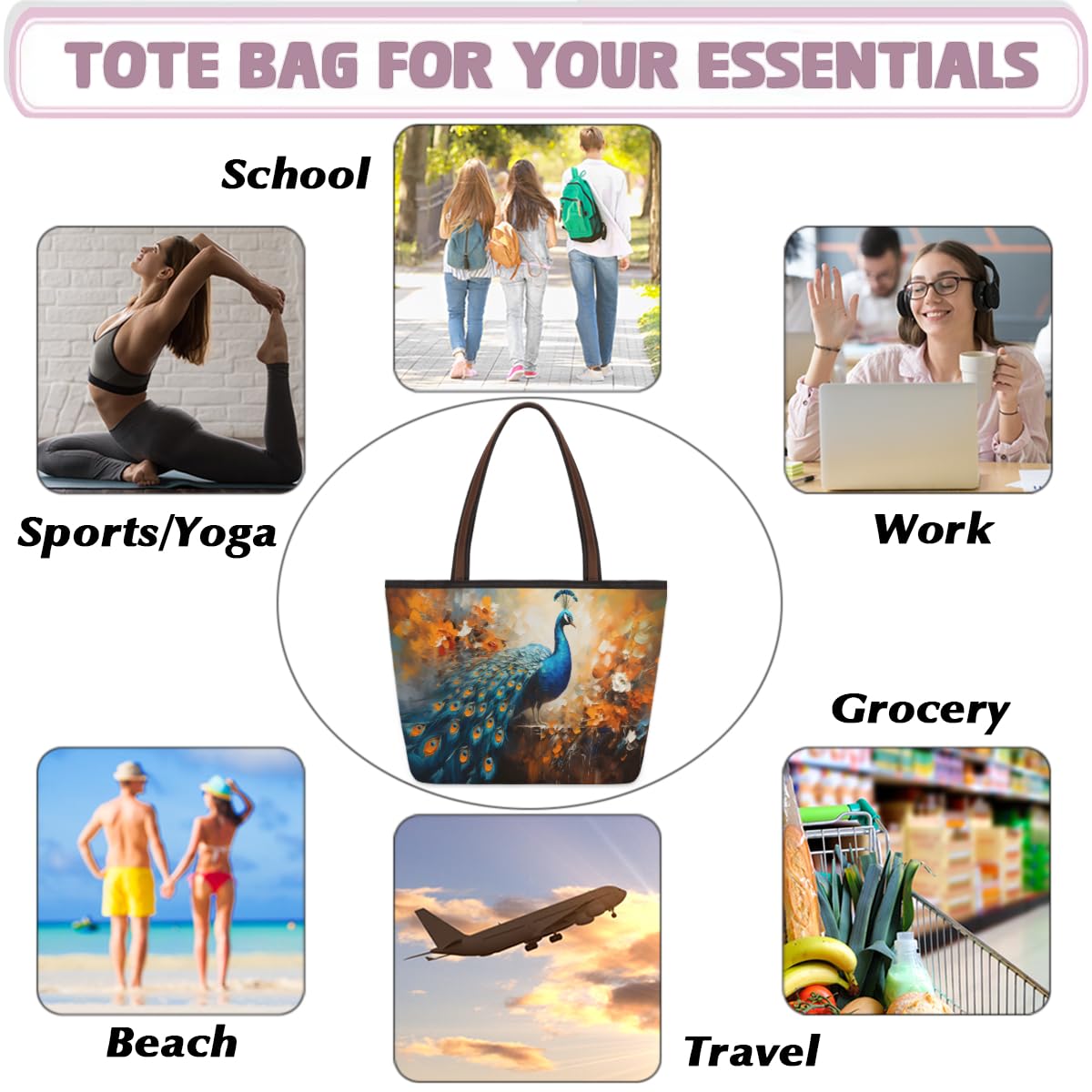 Stylish Peacock Floral Print Tote Bag for Women - Zippered Work & Travel Handbag - Perfect for Office, Commute, Beach & Shopping