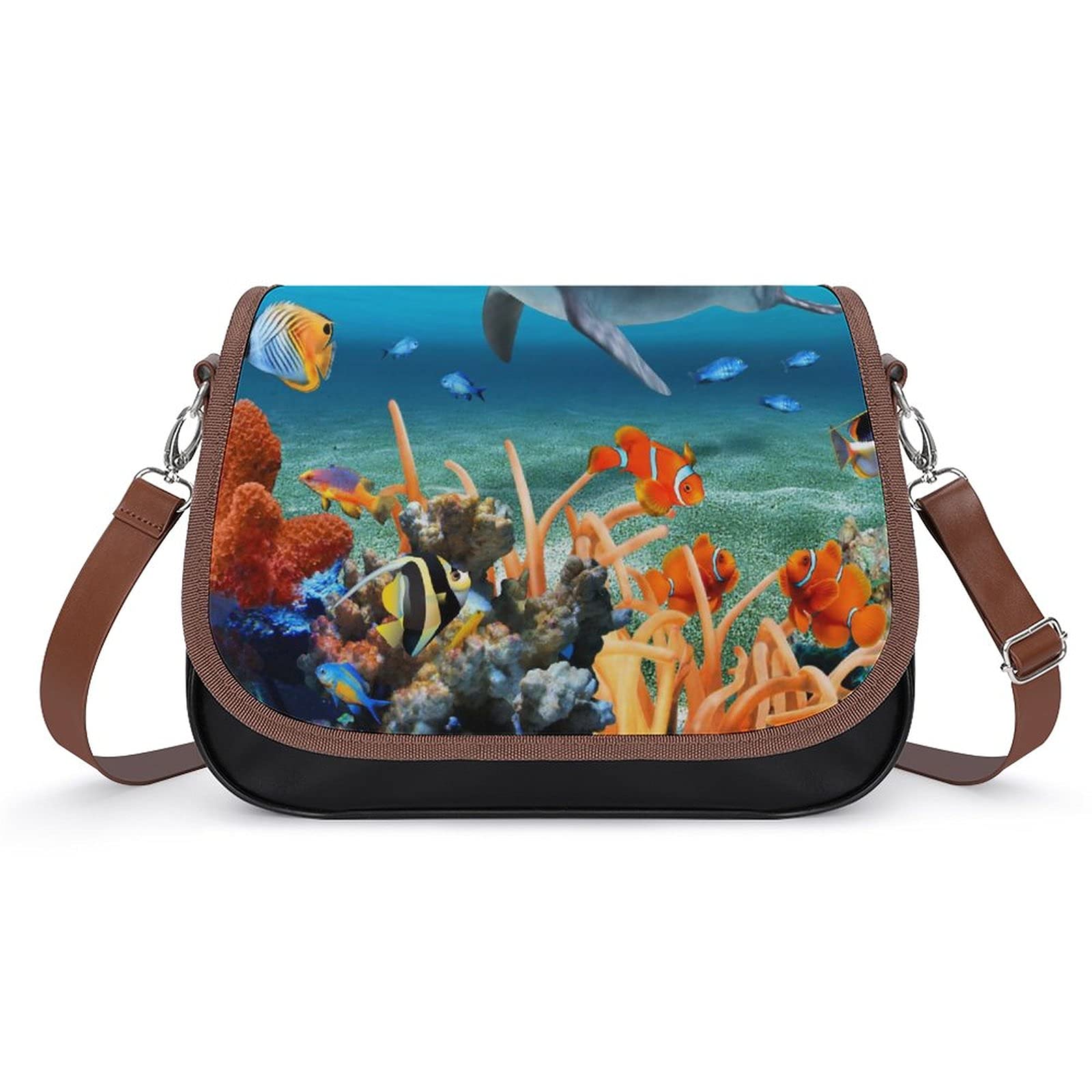 Stylish Women's Leather Crossbody Bag - Printed Tropical Coral Dolphin Satchel for Casual & Everyday Use | Perfect for Travel, Shopping & Work