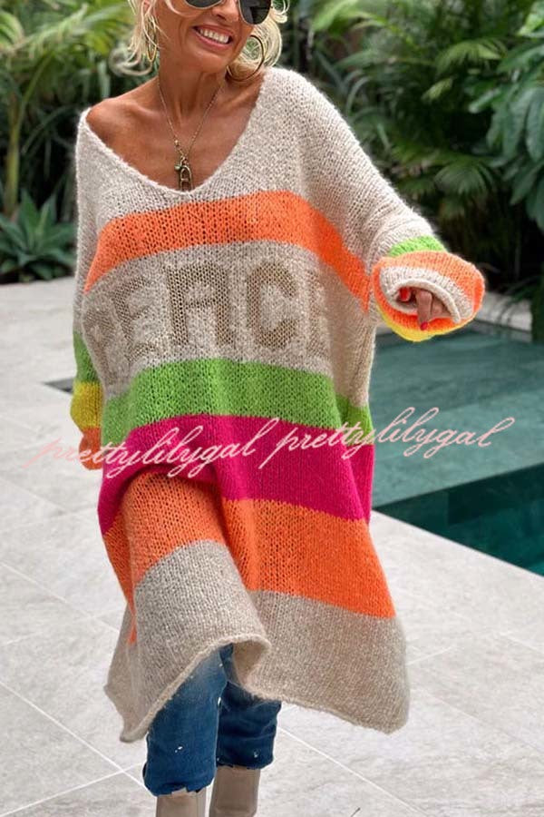 True Faith Knit Peace Pattern Color Blocks Loose Midi Sweater Dress - Cozy Casual Wear for Fall & Winter, Perfect for Office, Date Night and Weekend Outings