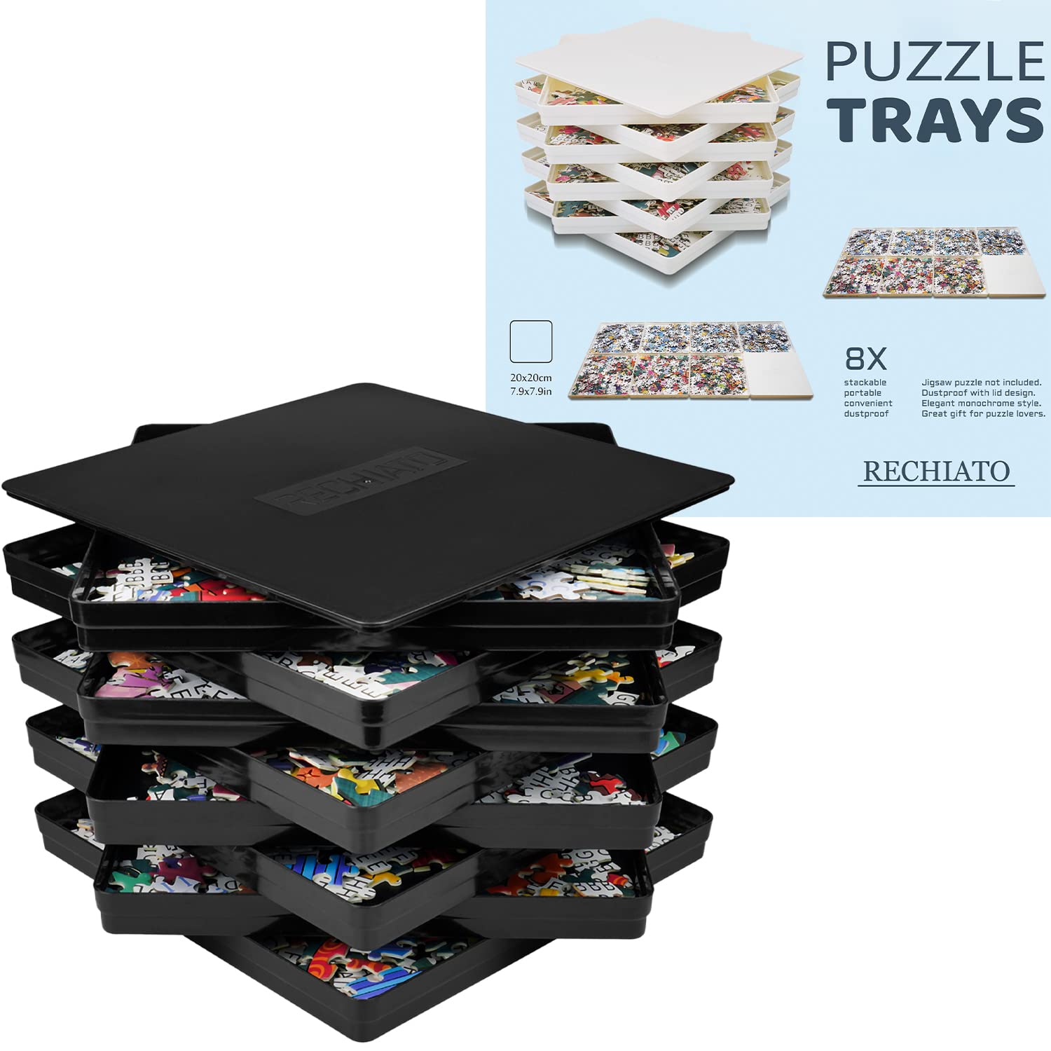 Premium 8x8 Puzzle Sorting Trays with Lid - Organizer for 1000-1500 Piece Jigsaw Puzzles | Durable Puzzle Storage Solution for Adults & Kids | Perfect for Game Nights, Travel & Home Organization (Black)