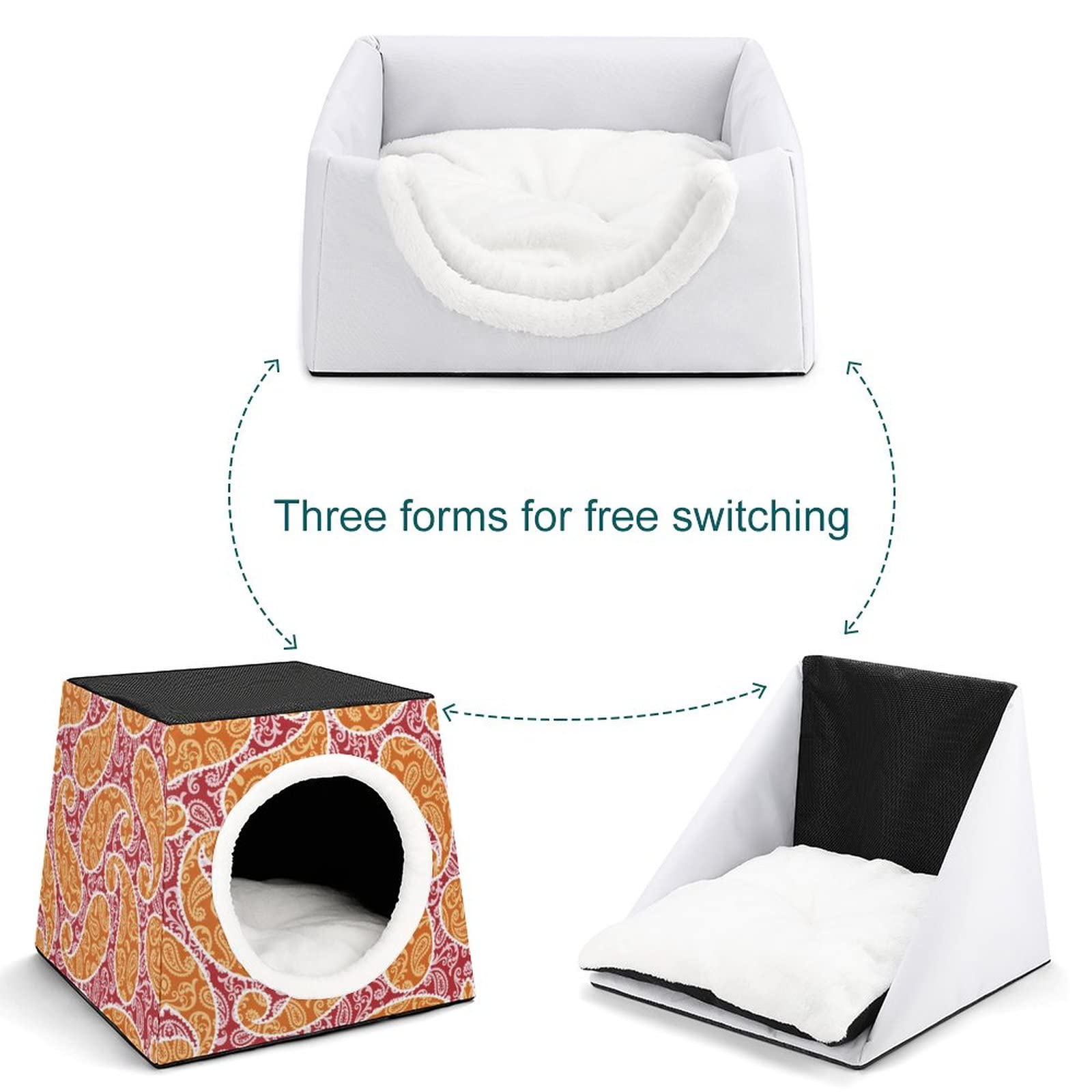 Printed Cat Cube Kitty House - Indoor Cat Bed & Small Dog Shelter - Warm & Cozy Pet Sofa with Red Yellow Paisley Design - Perfect for Napping, Playtime & Cozy Pet Spaces