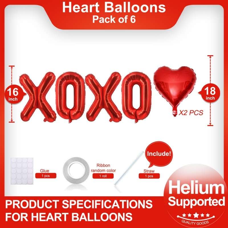 6 Pcs Red Heart Shaped Balloons with XOXO Letters - Valentine's Day Decorations for Bridal Showers, Weddings & Romantic Parties | Perfect for Photo Backdrops, Proposals & Anniversary Celebrations