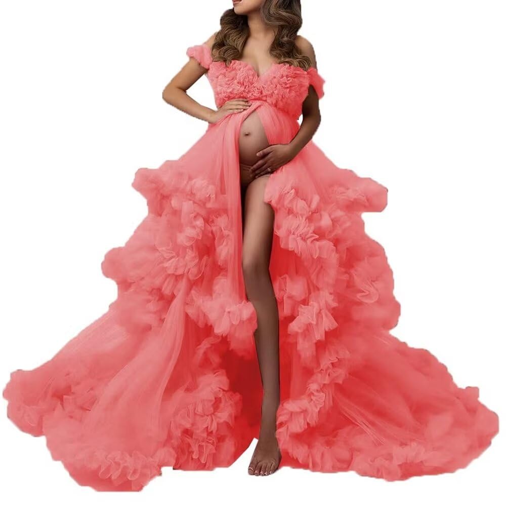 Elegant Long Puffy Tulle Maternity Dress for Baby Shower, Photo Shoot & Wedding - V-Neck Pregnant Gown for Special Occasions & Maternity Photography