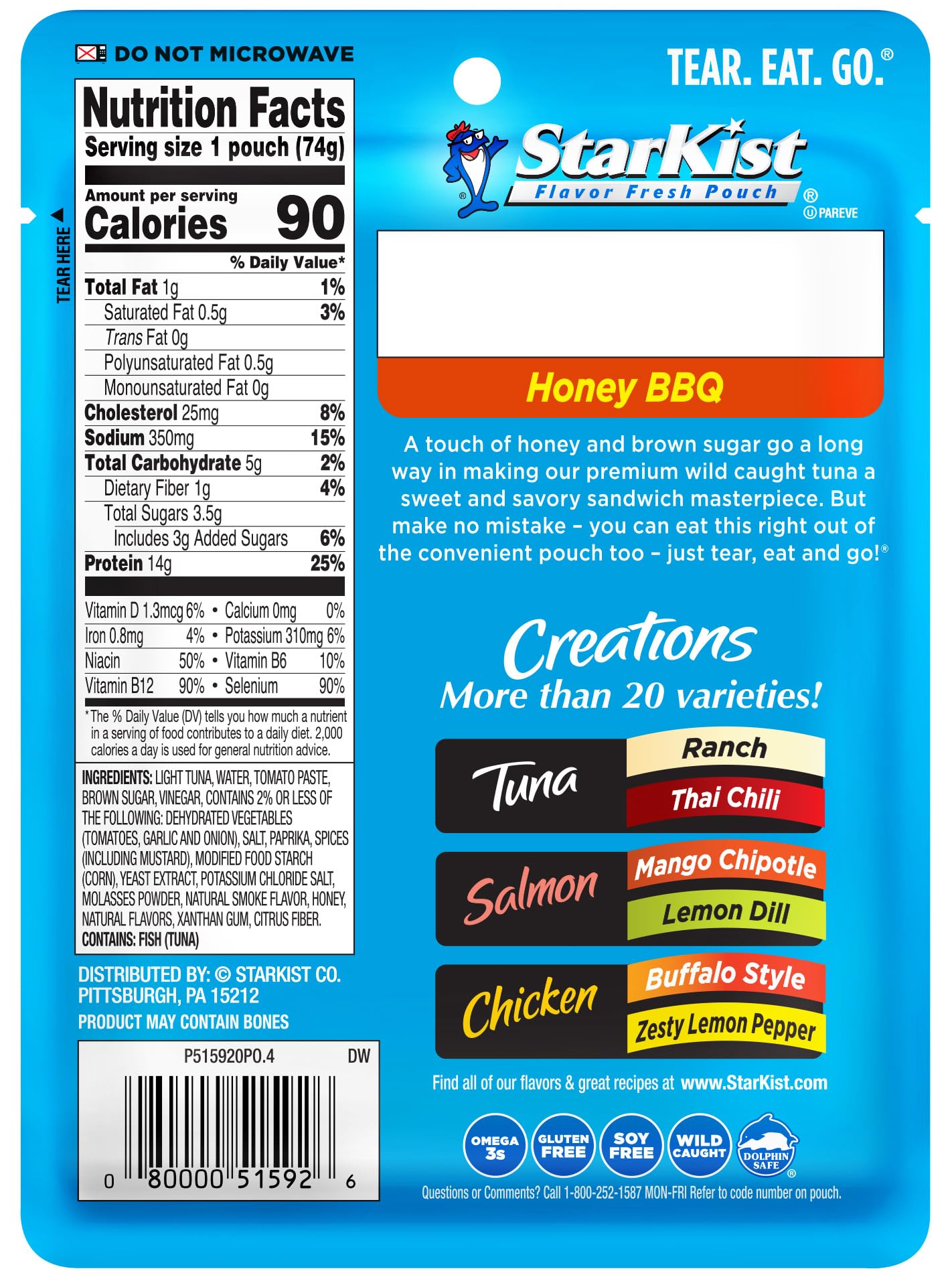 StarKist Tuna Creations Honey BBQ Flavor - 2.6 oz Single Serve Pouch - Premium Protein Snack for Lunch, Hiking & On-the-Go Meals