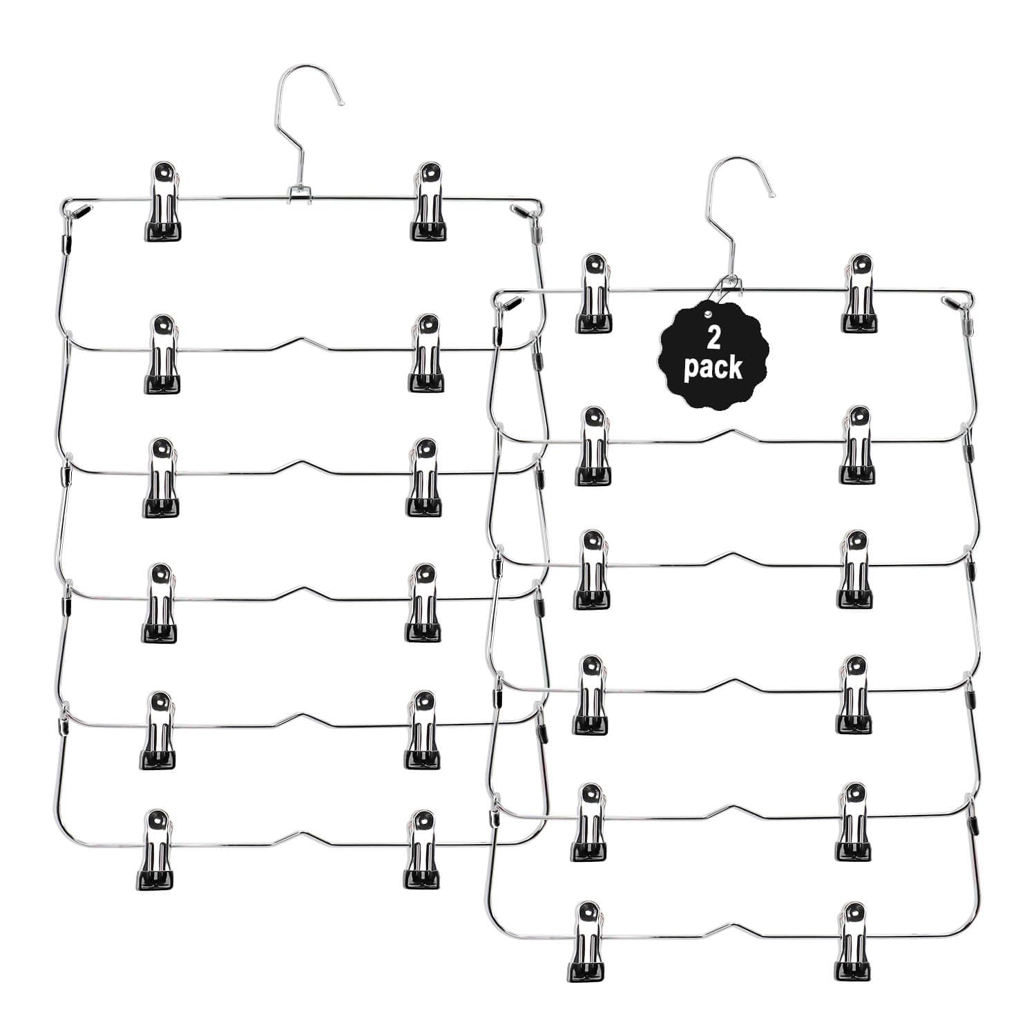 6-Tier Metal Skirt Pants Hangers with Non-Slip Clips - Space Saving Closet Organizer for Skirts, Shorts & Clothes (2 Pack, Black) - Perfect for Wardrobe Organization & Small Closet Storage