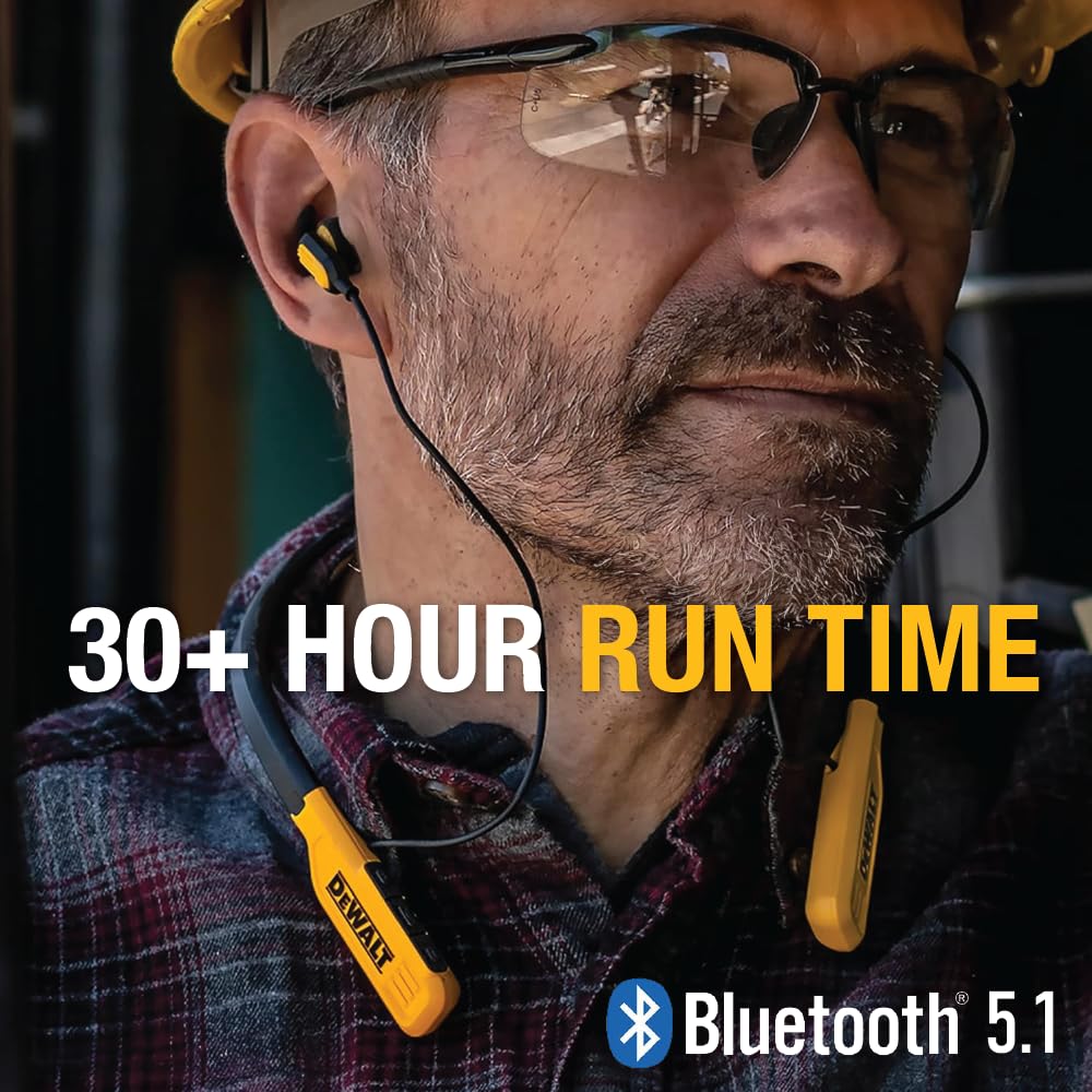 DEWALT Wireless Bluetooth Neckband Headphones with Noise Cancellation & 60W 4-Port Fast Car Charger Combo - Perfect for Construction Workers, Truck Drivers and Outdoor Adventures