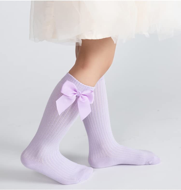 Little Girls' Knee High Socks with Bow Stitching - 6 Pack Cotton Dress & Casual Long Stockings for School, Party, and Everyday Wear (6 Colors)