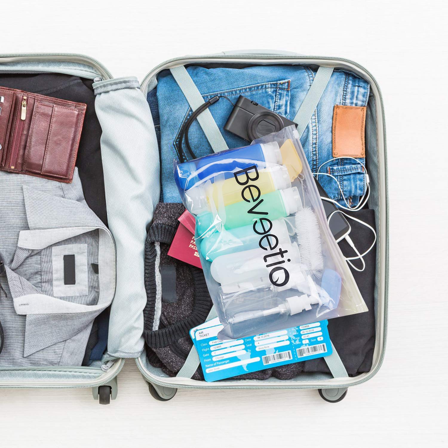 Beveetio 17 Pack TSA Approved Leakproof Silicone Travel Bottles (3OZ) - BPA Free Refillable Toiletry Containers for Shampoo, Lotion, Soap & Cosmetics - Perfect for Air Travel, Camping & Gym Essentials