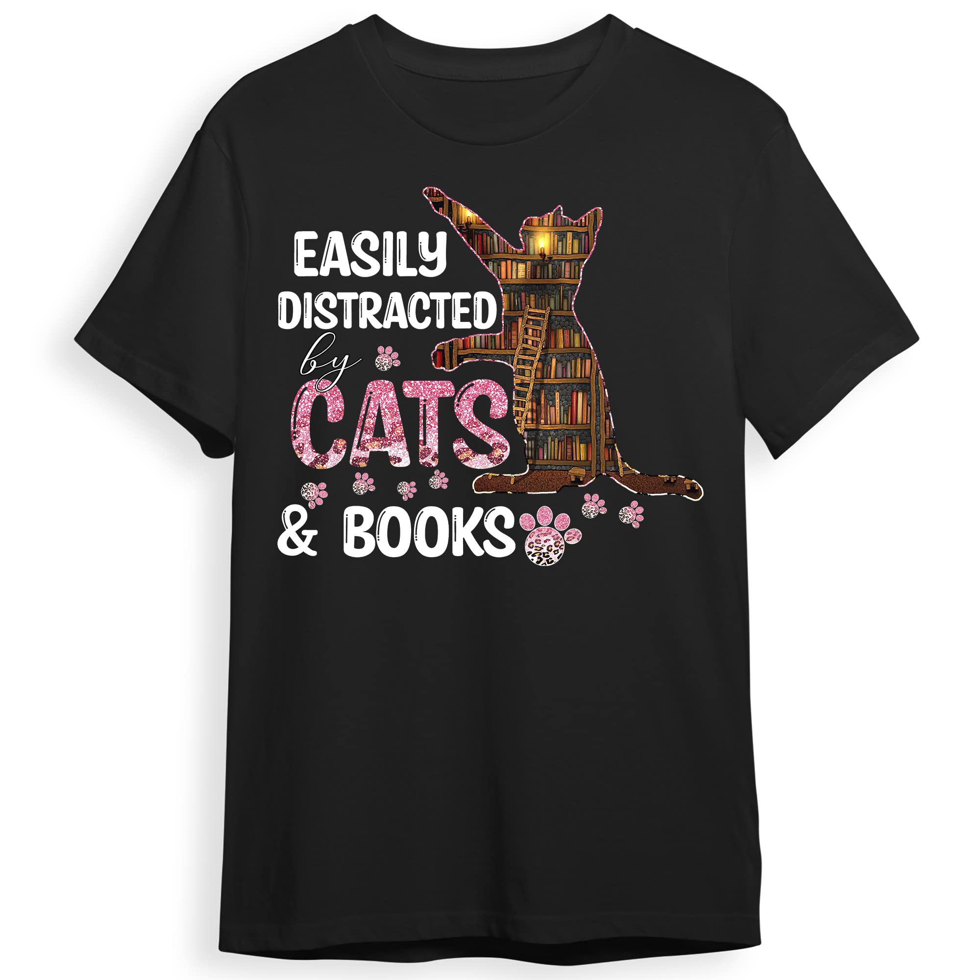 Easily Distracted by Cats and Books Graphic T-Shirt for Men & Women - Funny Cat Lover Tee for Reading, Book Club & Casual Wear