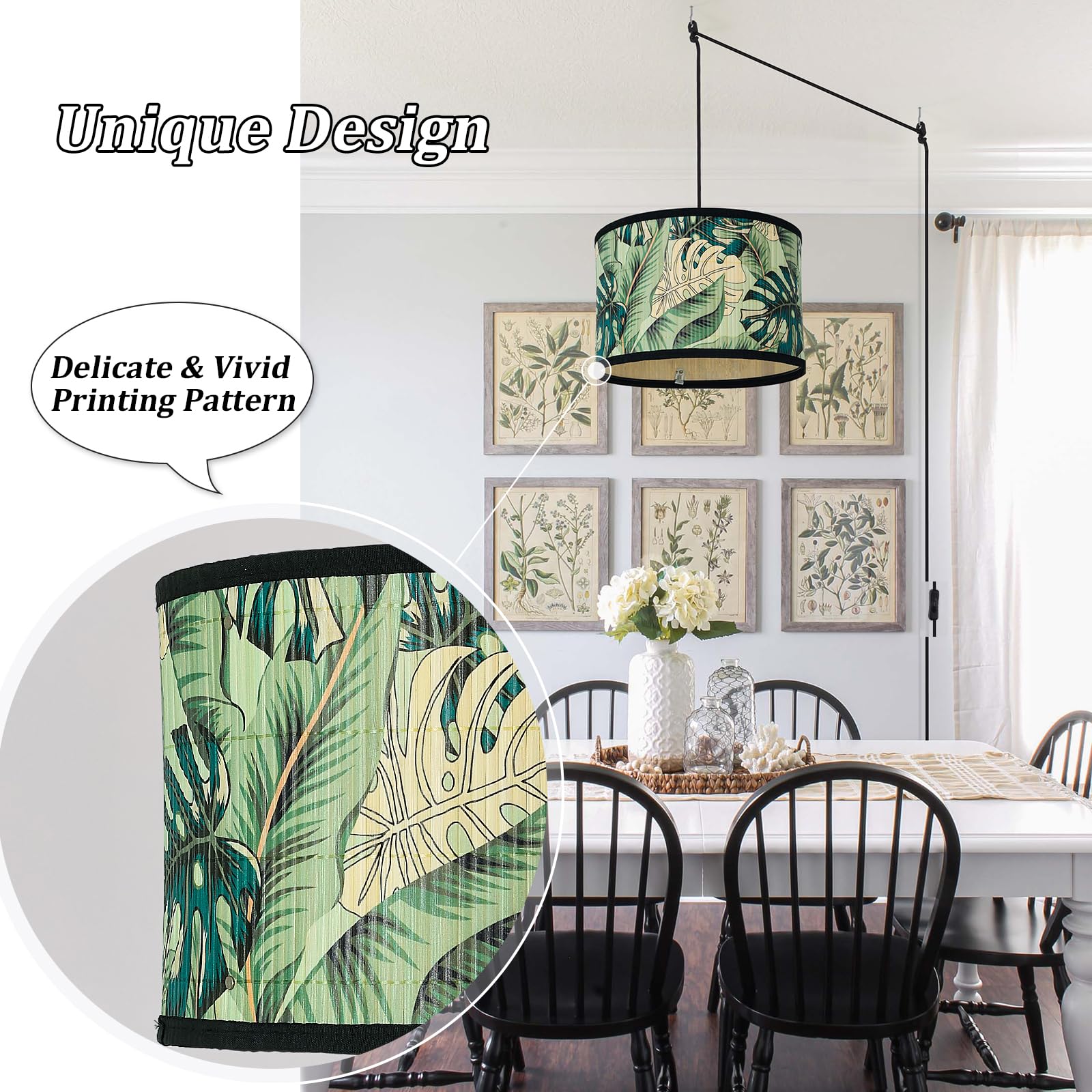Eoiips Plug-in Pendant Light Bamboo - 14.76ft Hanging Lamp with ON/Off Switch & Patterned Shade - Modern Lighting Fixture for Kitchen Island, Bedroom, Living Room (Greenery Design) - Perfect for Dining Areas, Coffee Shops & Home Decor
